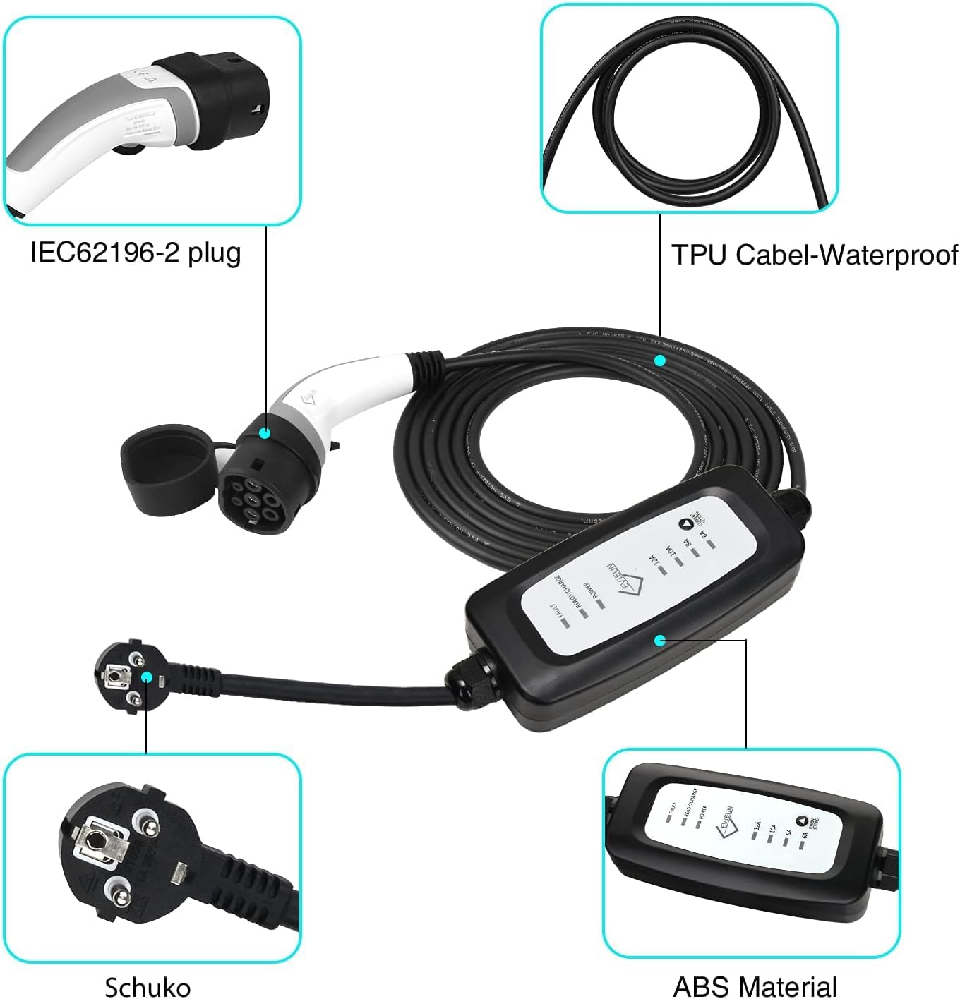 Thumbnail 4 de EVIEUN EV Ladekabel für Elektrofahrzeuge – Tragbares 2-Phasen EVSE Ladegerät mit 3,8 kW und IEC 62196-2 Typ 2 Kompatibilität