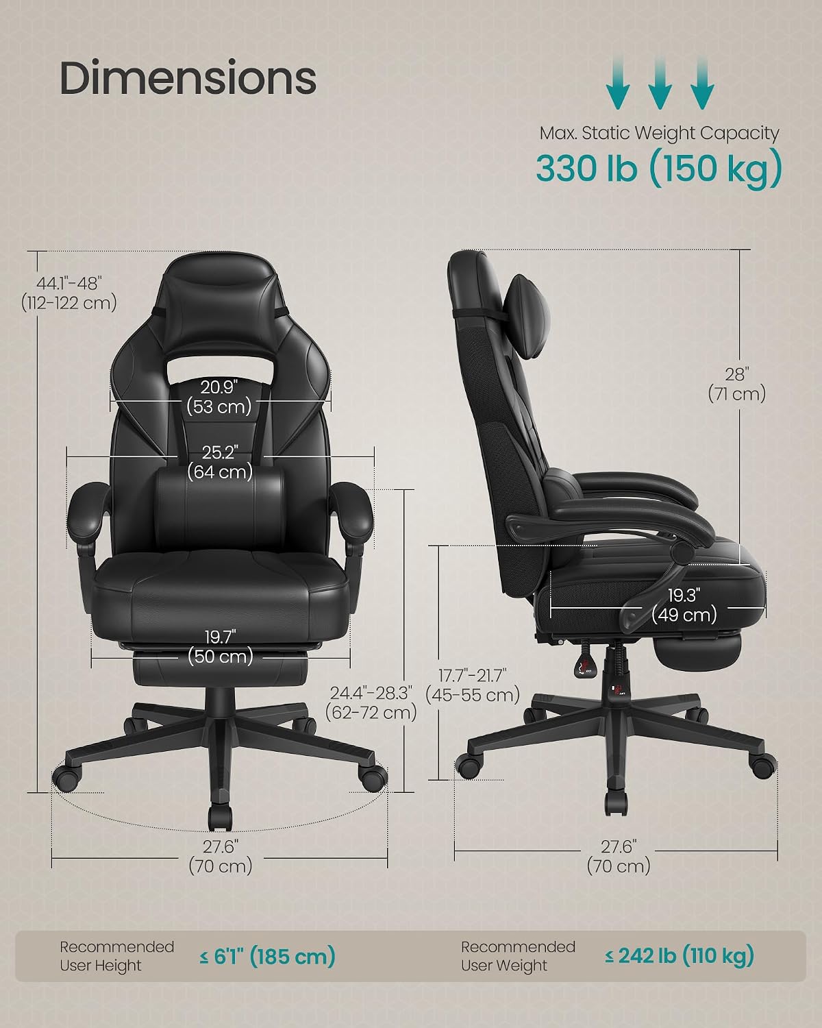 Detalle 2 de SONGMICS Racing Gaming Chair OBG073BH09 with headrest, lumbar support and footrest