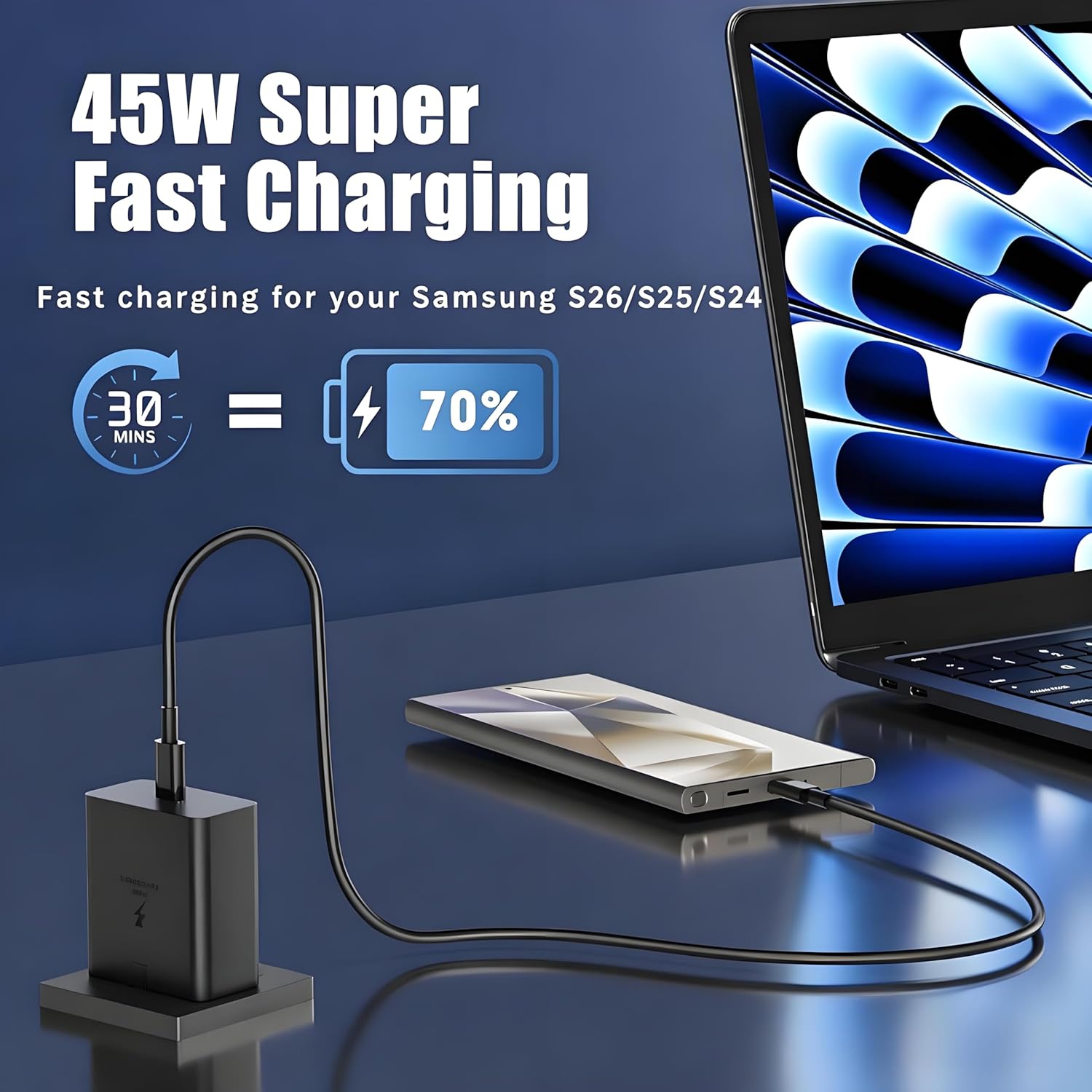 Thumbnail 2 de 45W Samsung Fast Charger USB-C Plug with USB-C Cable (1m + 2m) – 2-Pack Black