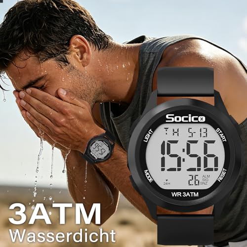 Detalle 2 de SOCICO Herren Digitaluhr 30M – robuster Militär-Style, großes Display, LED-Alarm