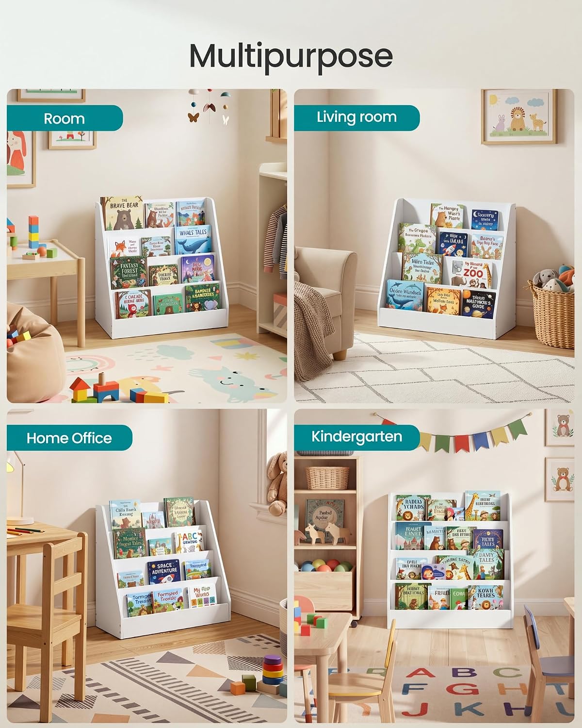 Detalle de SONGMICS CUSTOS GKR074WZ01 4-tier kids’ bookcase, front-facing display