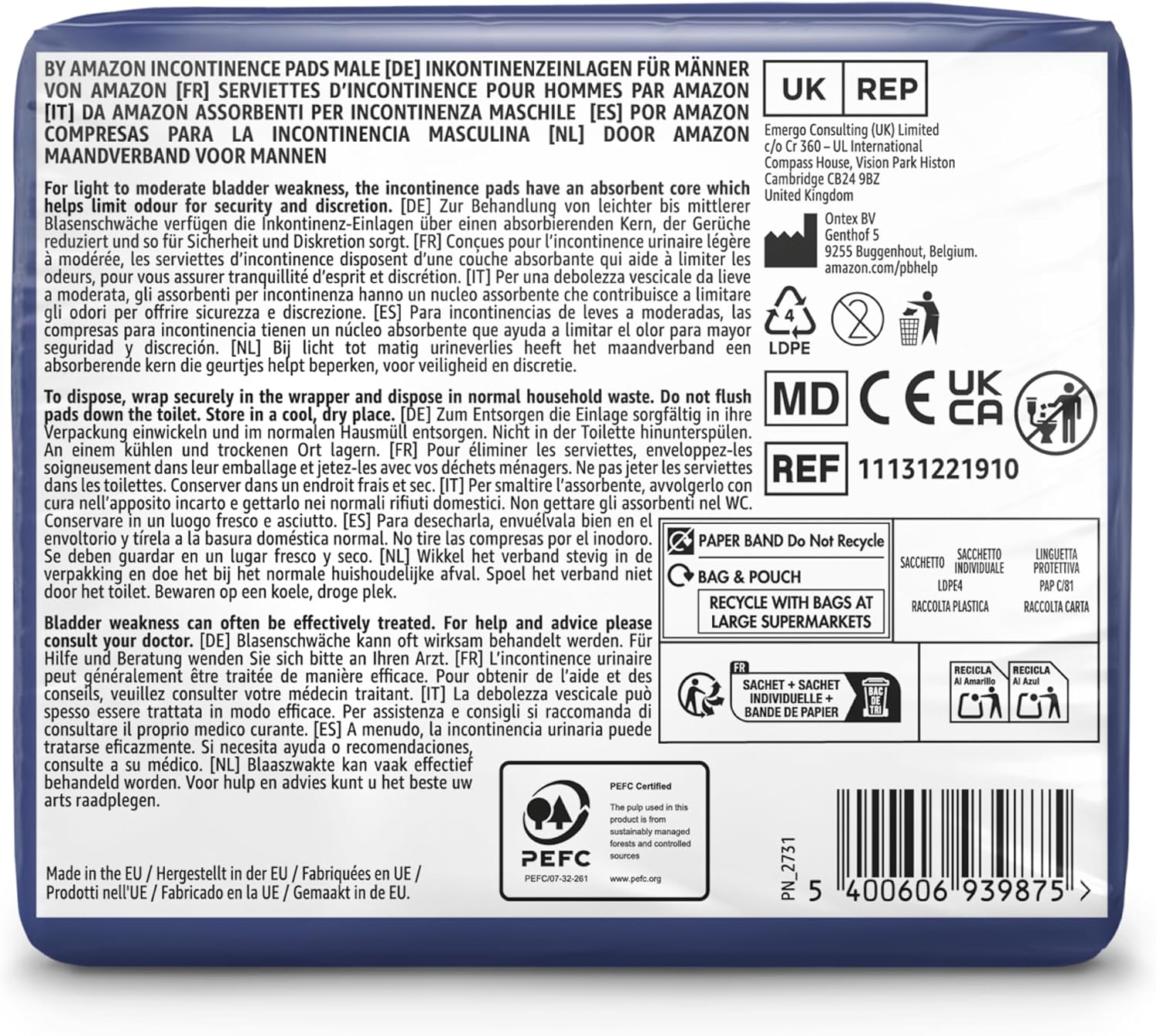 Detalle de By Amazon Men Incontinence Pads – 60 Pads (6 Packs of 10): practical daily protection