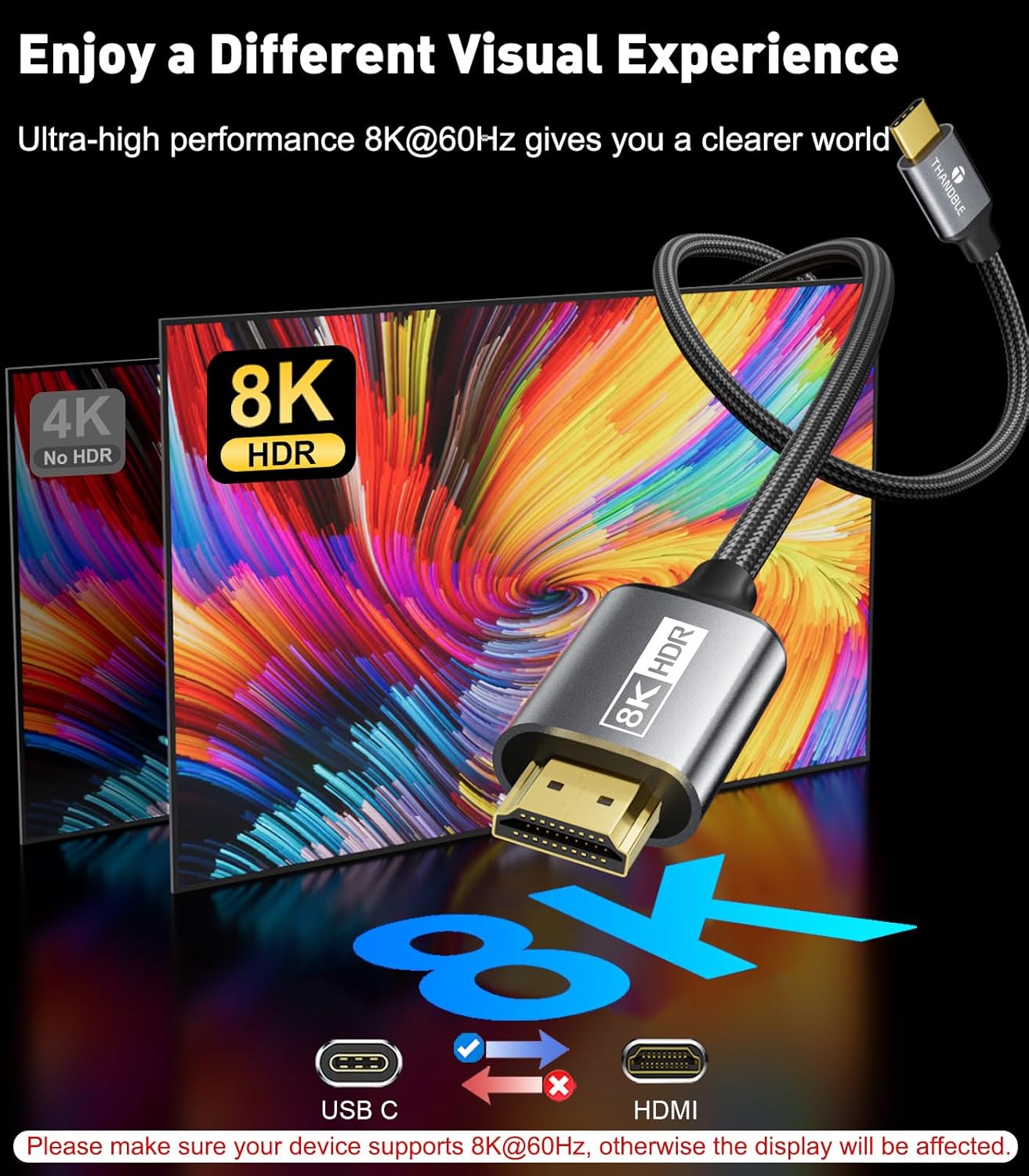 Thumbnail 1 de THANDBLE USB C to HDMI 2.1 Cable 1M/3FT: 8K@60Hz, 4K@120Hz, Thunderbolt 3/4/5 compatible