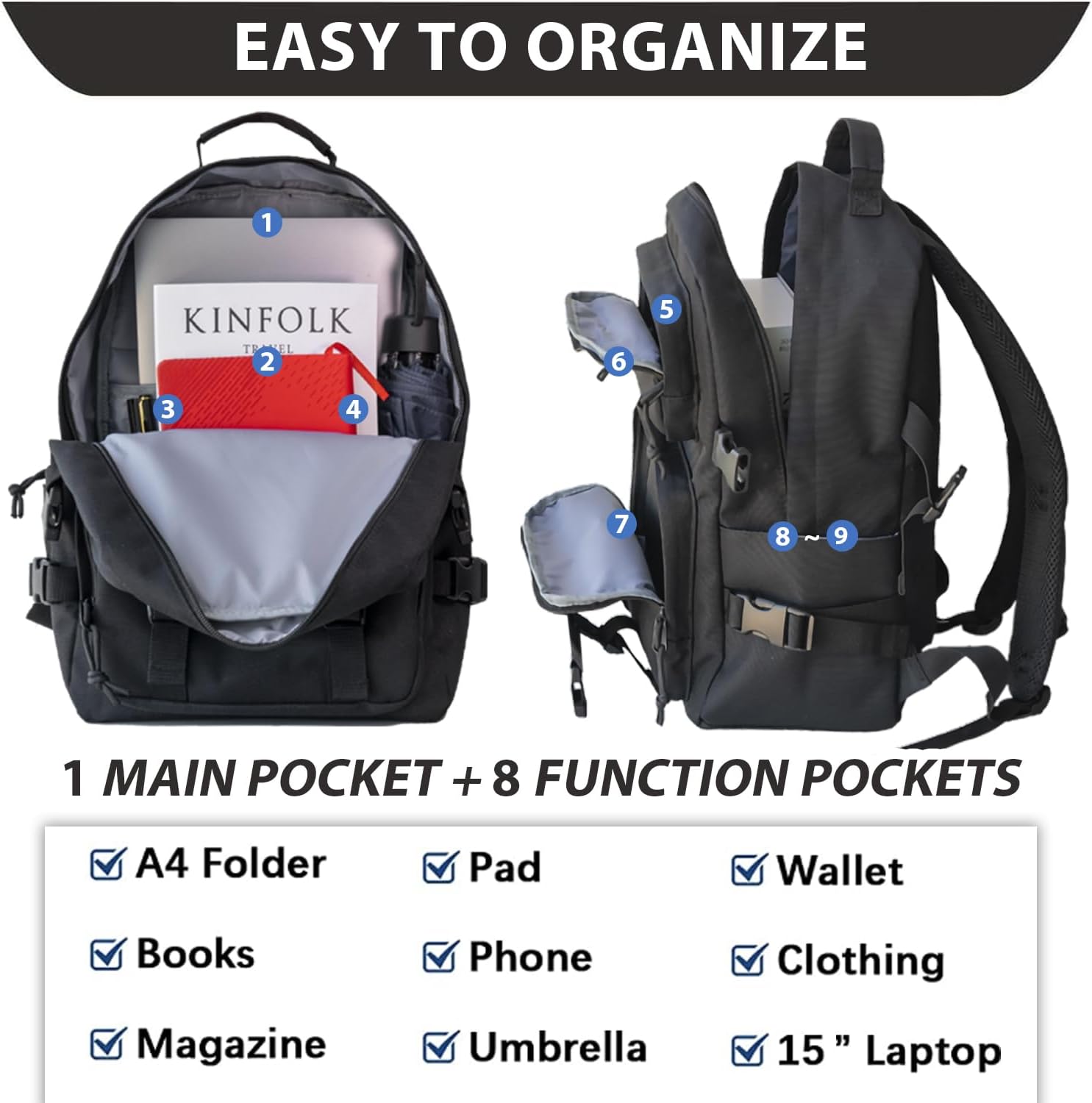Detalle de Oreunik Schulrucksack für Mädchen & Jungen (Teenager) – leichter 15-Zoll-Laptop-Rucksack, wasserabweisend, 30 x 42 x 15 cm