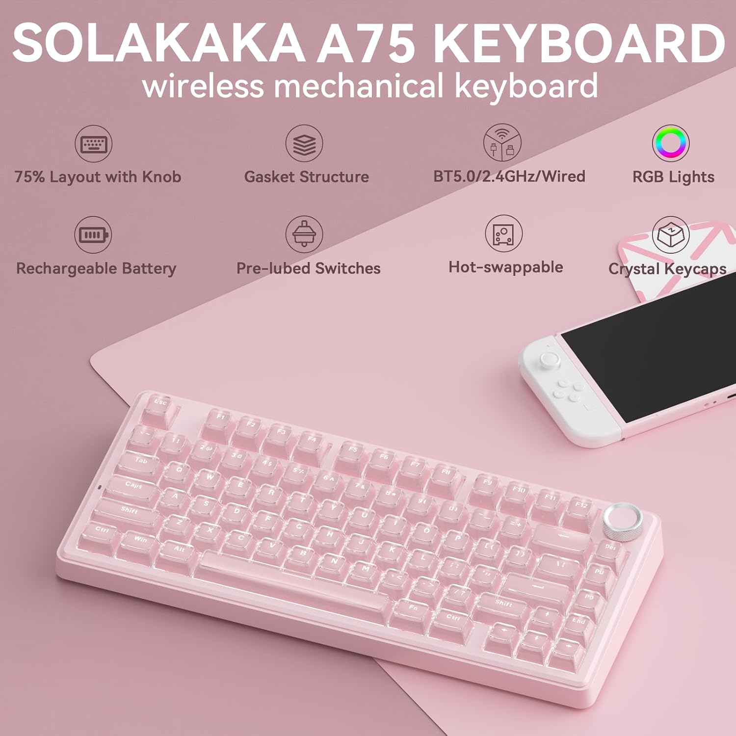 Detalle de SOLAKAKA A75 Wireless Gaming Keyboard with Multifunction Knob — 75% Mechanical, Tri-Mode, Hot-Swappable