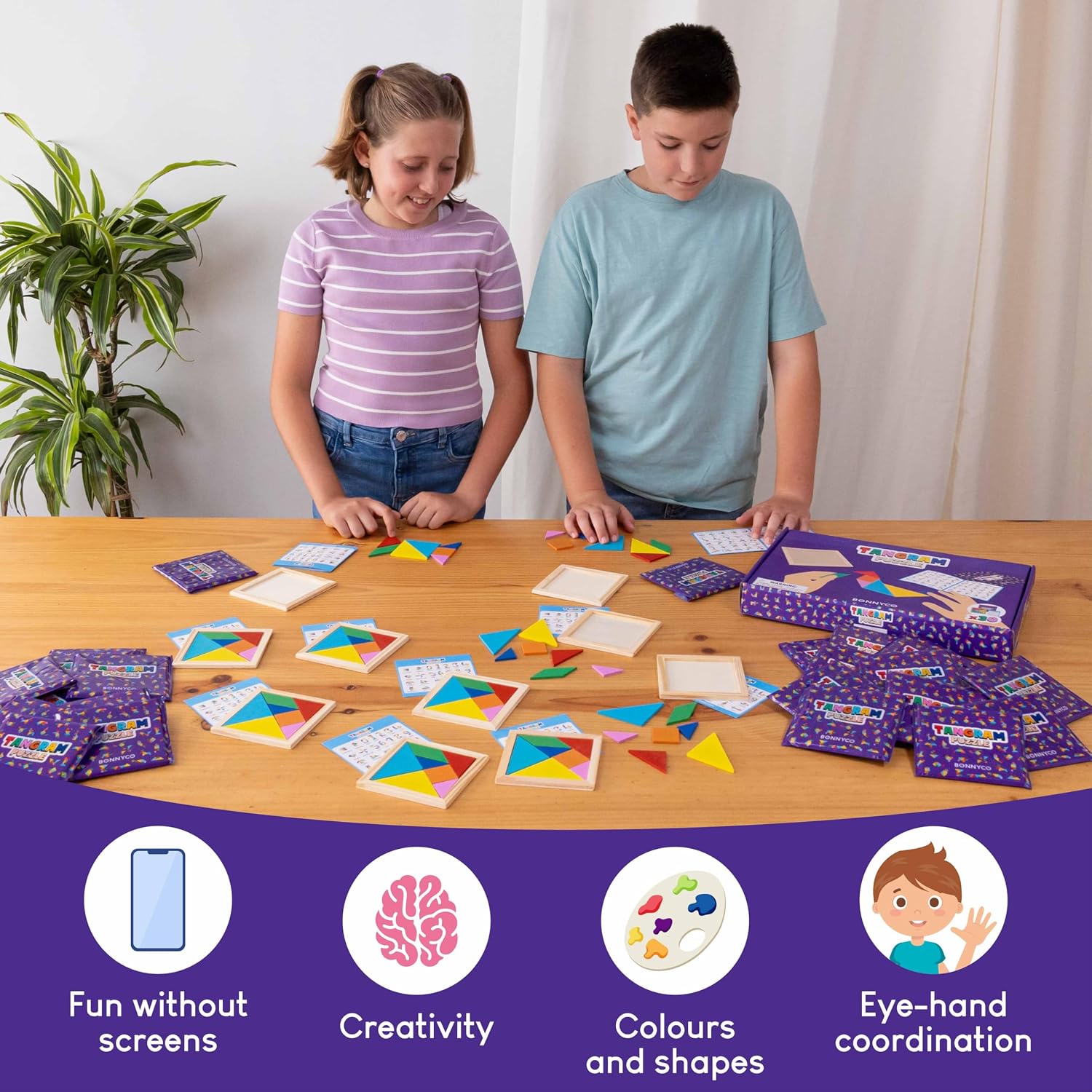 Detalle 2 de BONNYCO Tangram Pack 30 Wooden Puzzles 3.9"