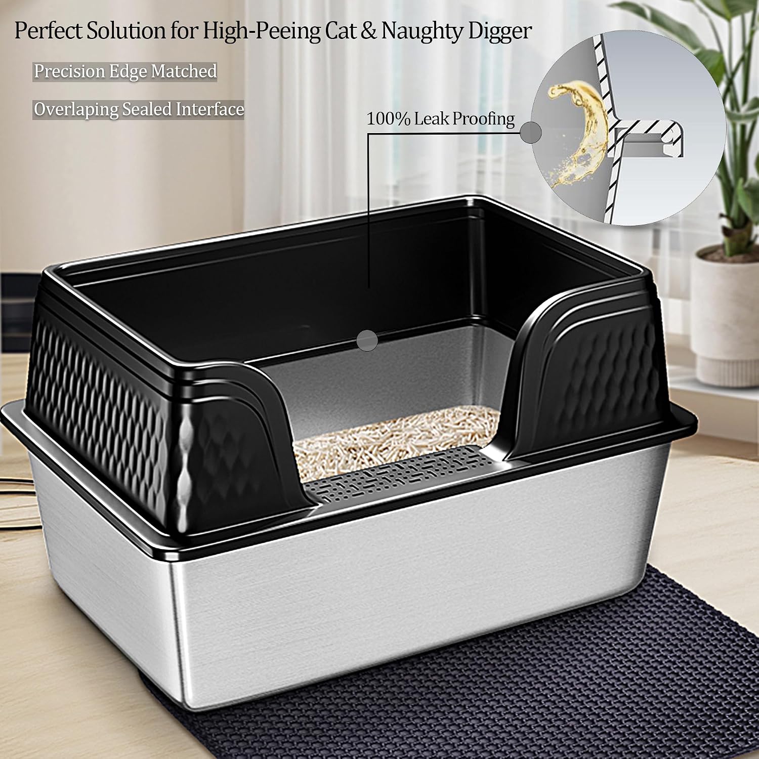 Detalle de Vealind XXL Stainless Steel Cat Litter Tray: High-Sided, Leak-Proof for Large Cats