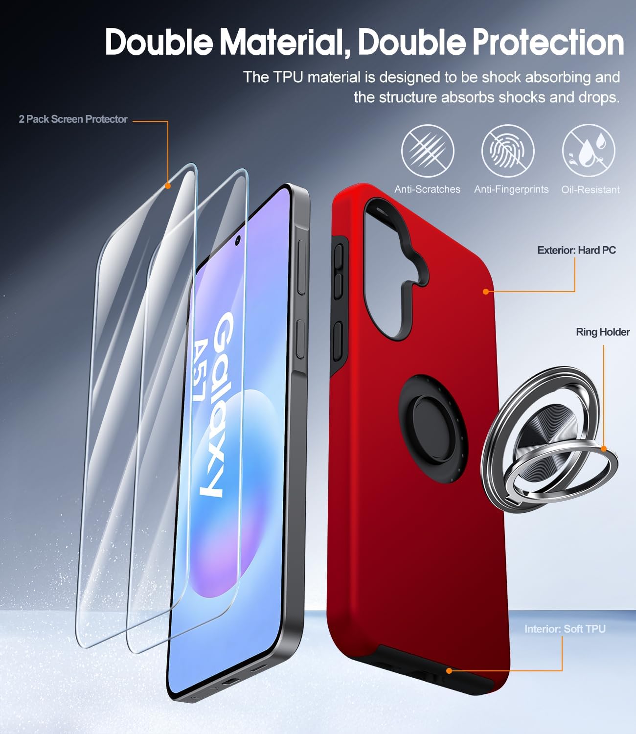 Thumbnail 6 de AOUIA Galaxy A57 5G case with 2-pack screen protectors and 360° rotating ring kickstand (Red)