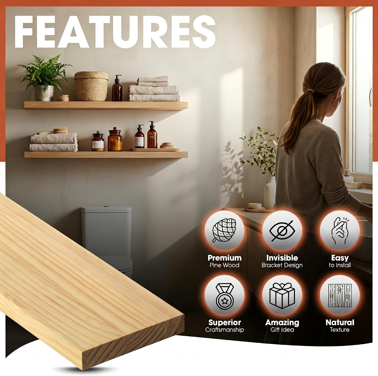 Detalle de SenlanMot Natural Pine Floating Shelves, Set of 2 with Hidden Brackets