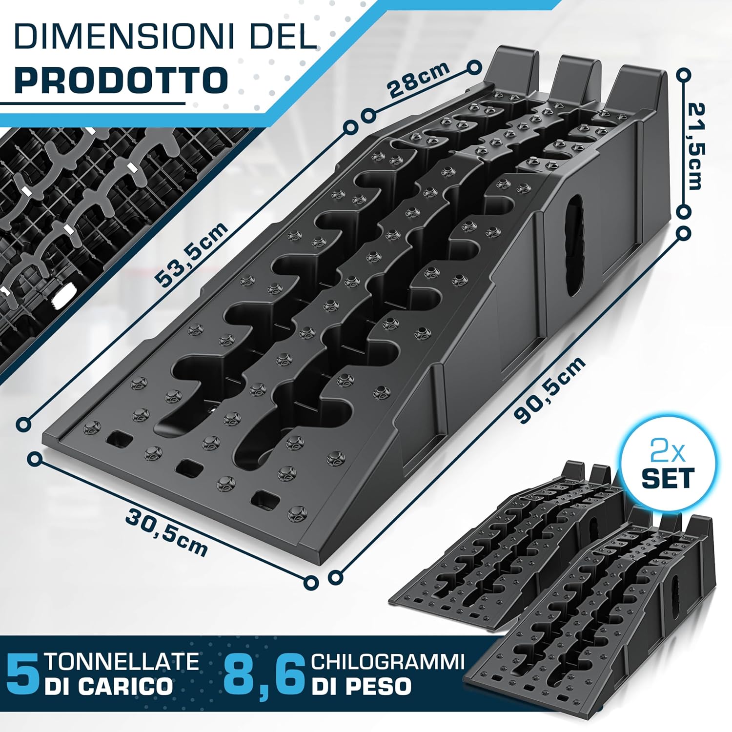 Detalle de SELLOGX Rampe auto 2 pezzi – 5t, HDPE antiscivolo, 90,4 cm x 30,4 cm