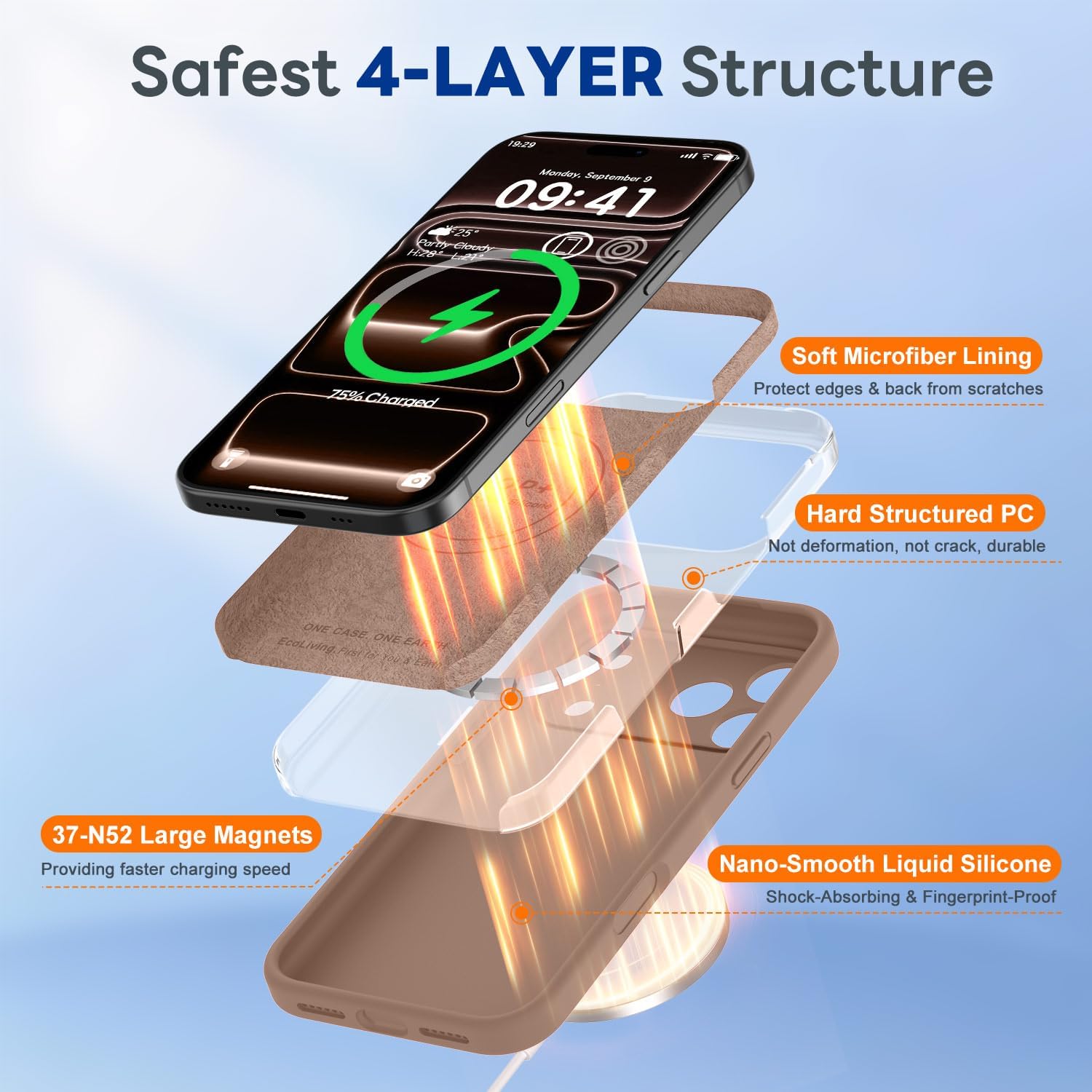 Detalle de BossKiss iPhone 17 Pro Max Silicone Case, Light Brown, MagSafe Compatible