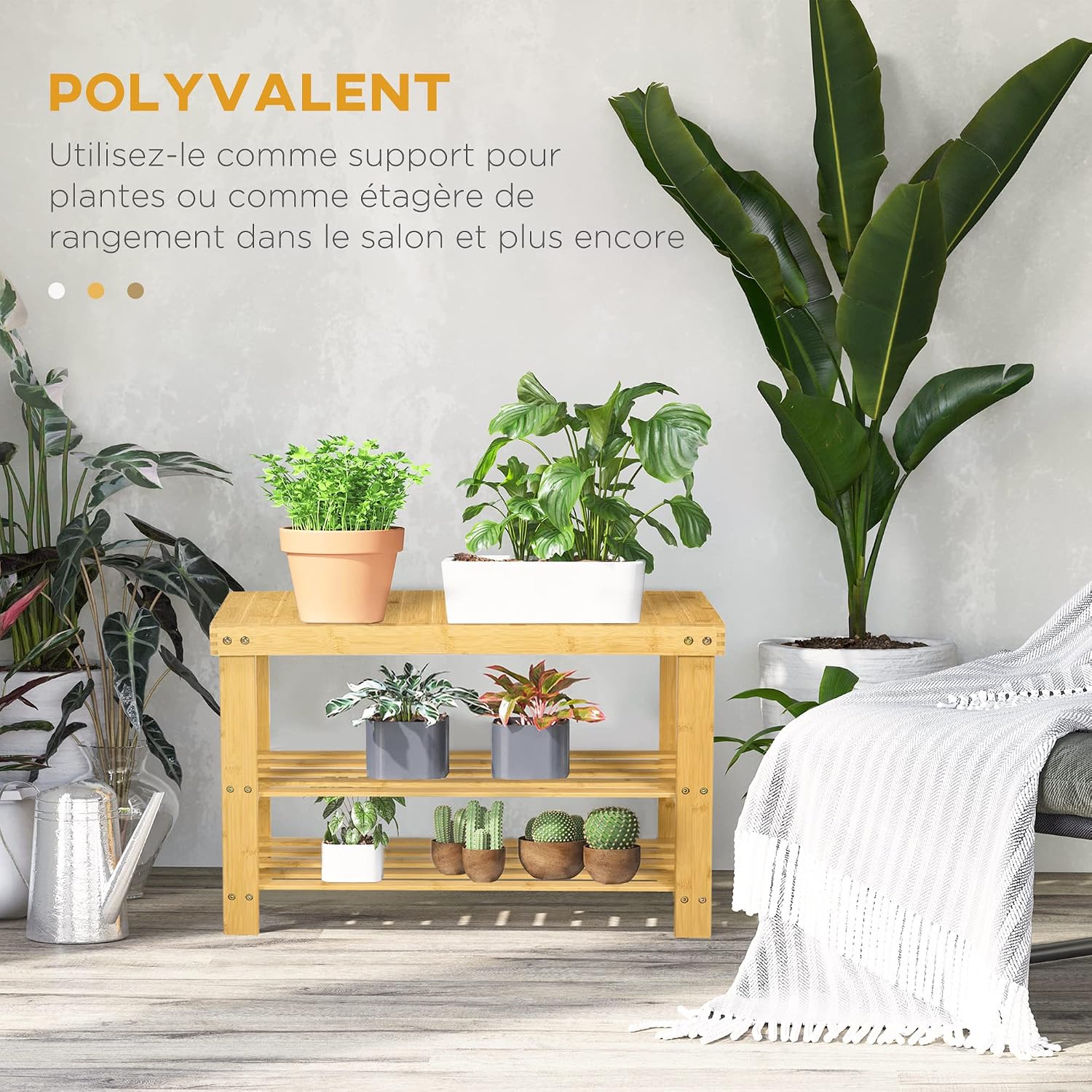Thumbnail 5 de Banc à chaussures HOMCOM en bambou 3 niveaux — design scandinave, blanc, 70 × 28 × 45 cm