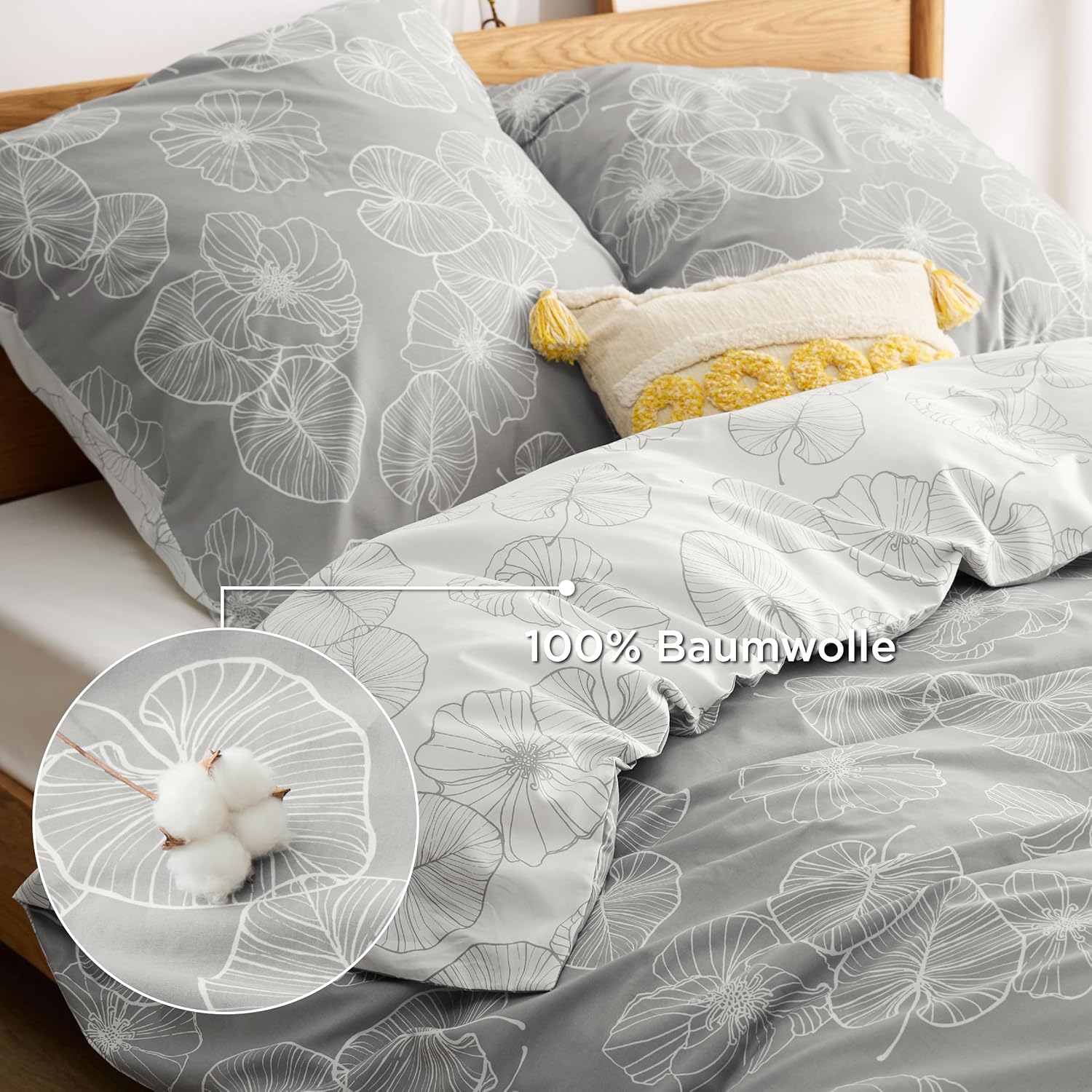 Thumbnail 2 de BEDSURE Bettwäsche 155x220 aus Baumwolle (3-teilig) mit Reißverschluss – Grau, Öko‑Tex, Ginkgo-Muster