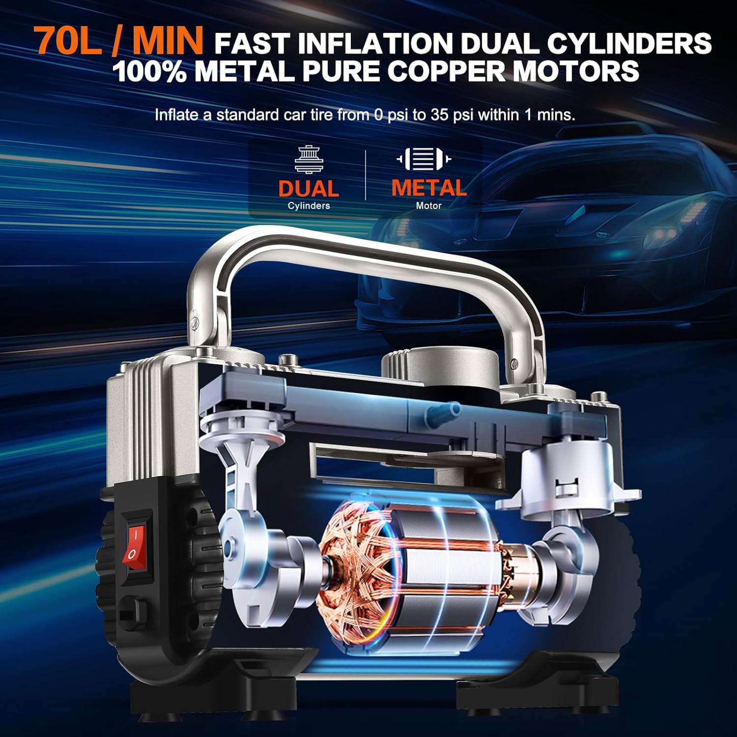 Detalle de GSPSCN 6X Faster Inflation Tire Inflator with Heavy Duty Double Cylinders and Portable Bag