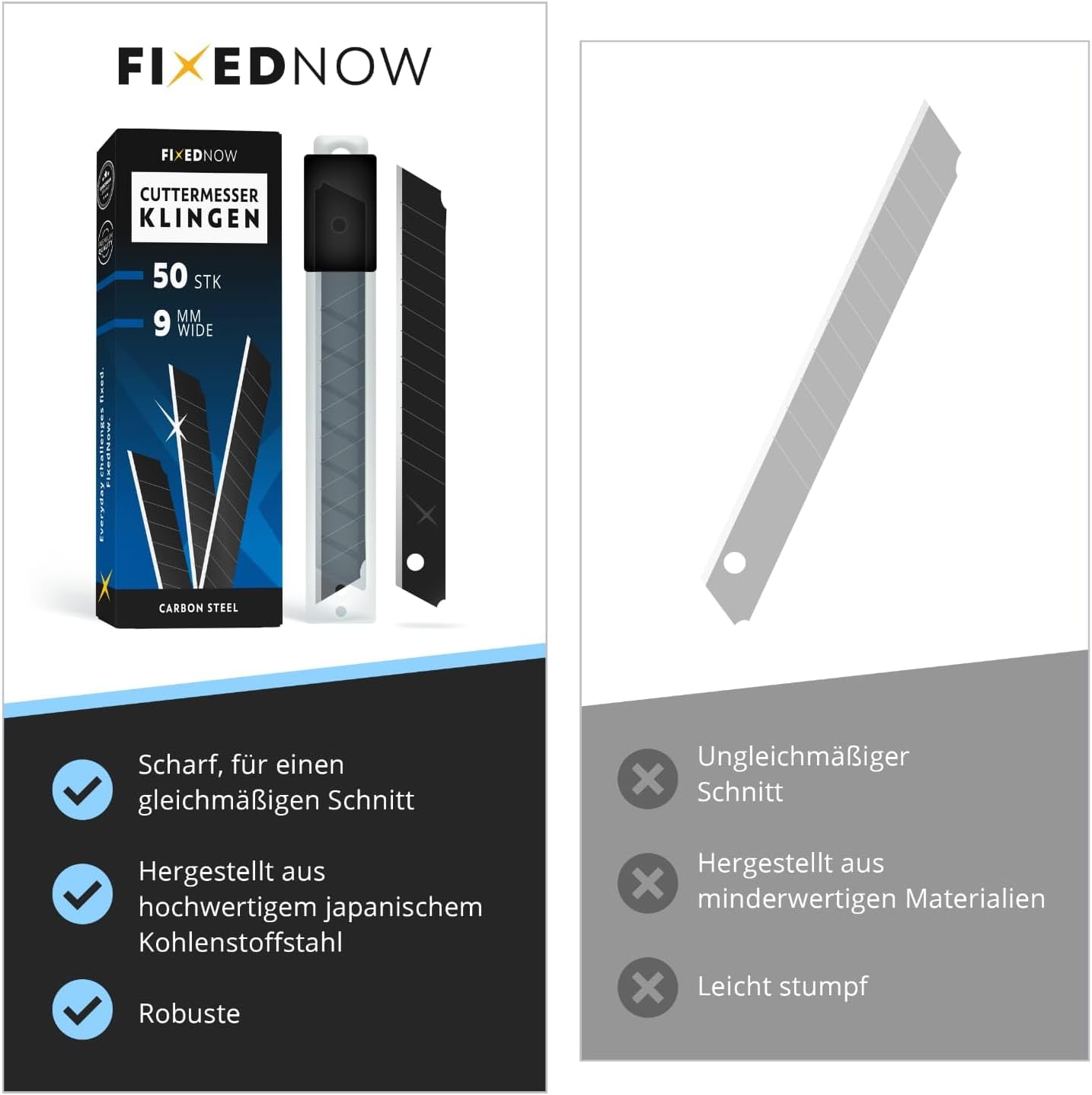 Thumbnail 2 de FixedNow 50 x Cuttermesser-Klingen 9 mm extra scharf aus japanischem Carbonstahl (Abbrechklingen)