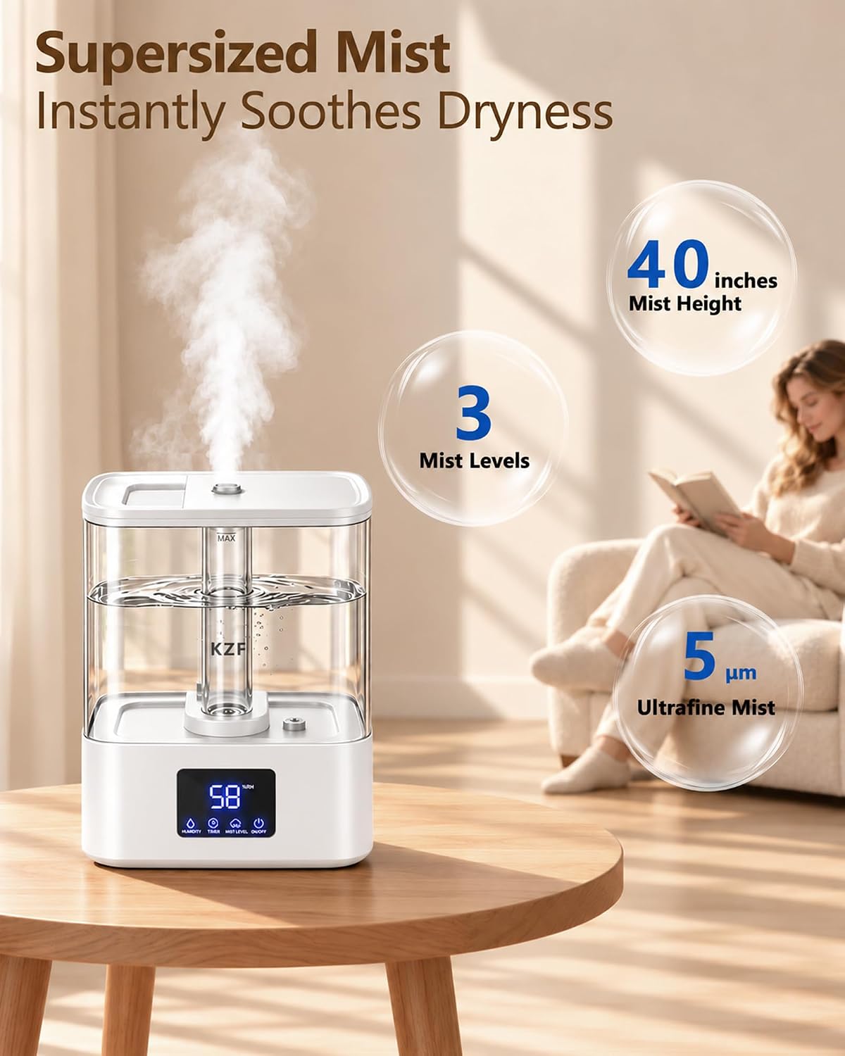 Detalle 1 de KZF 4L Cool Mist Humidifier with Top-Fill Design and Humidity Display