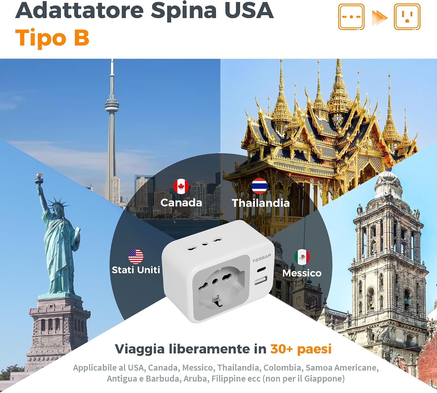 Thumbnail 1 de TESSAN Adattatore Presa Americana con USB-C: 2 prese IT, 1 Schuko, Tipo B