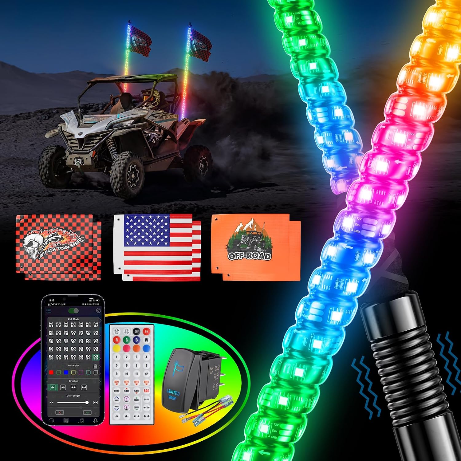 Detalle de Ehaho 3FT Whip Lights for UTV 🚙