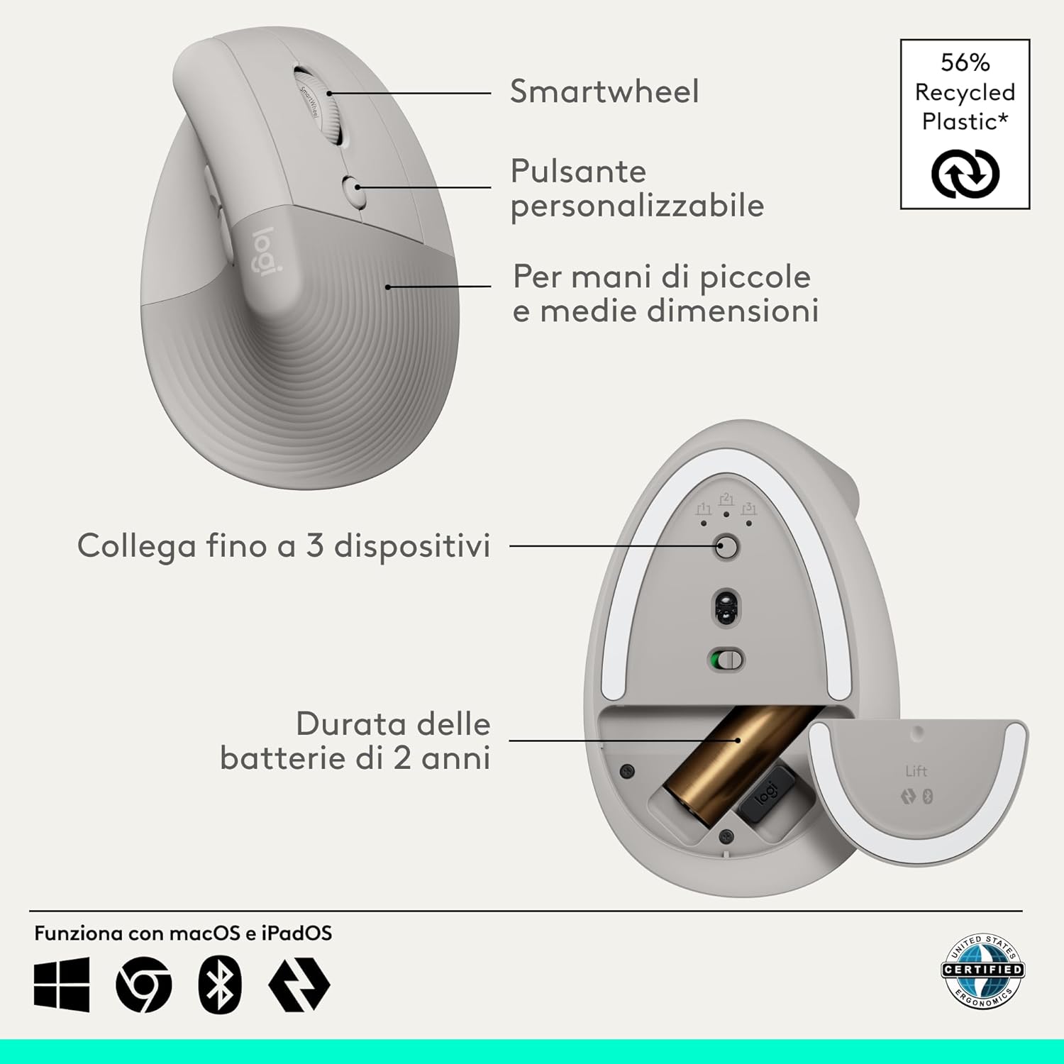 Thumbnail 5 de Logitech Lift Vertical Sand (destra) – Mouse ergonomico wireless 910-007771