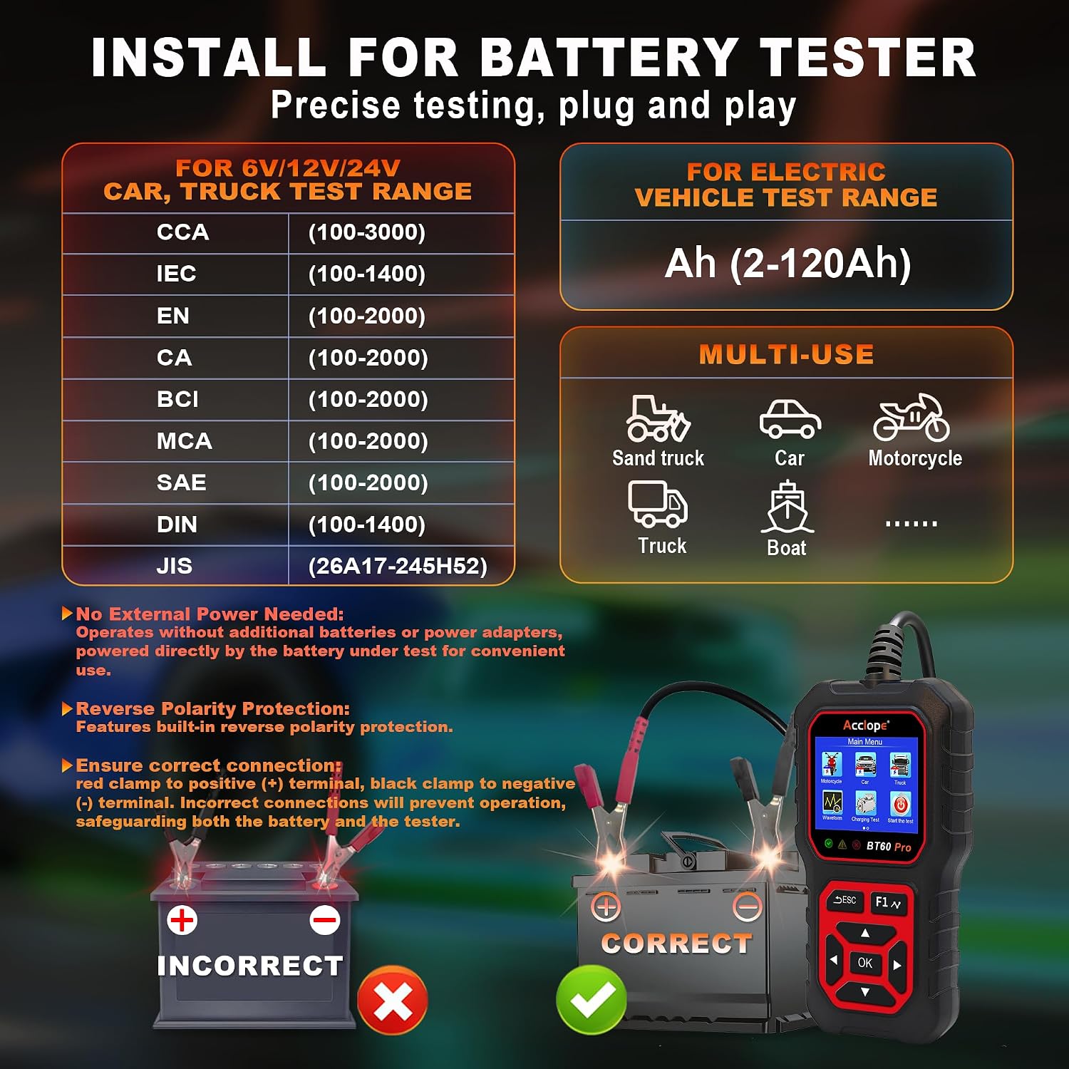 Thumbnail 5 de Acclope BT60 PRO Autobatterie Tester – 6V/12V/24V Diagnostik mit Cloud-Druck und Lithium-Kompatibilität