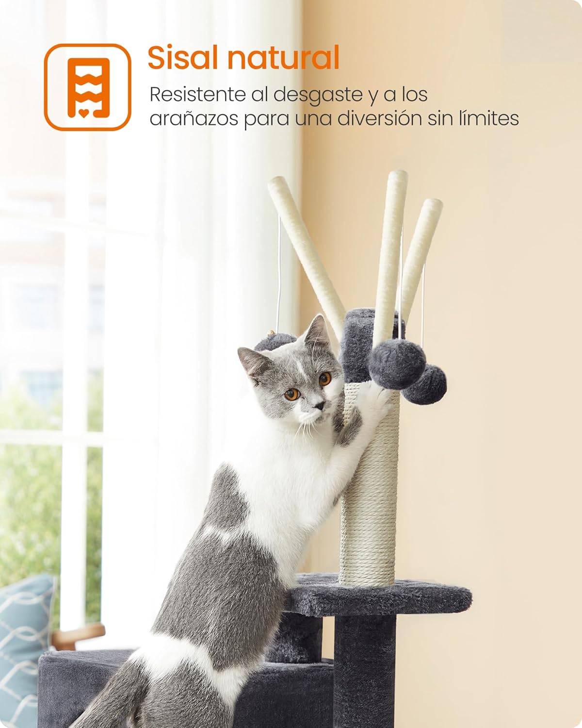 Detalle de Feandrea PCT143G01 árbol de gatos gris ahumado con torre de juegos y cueva de felpa