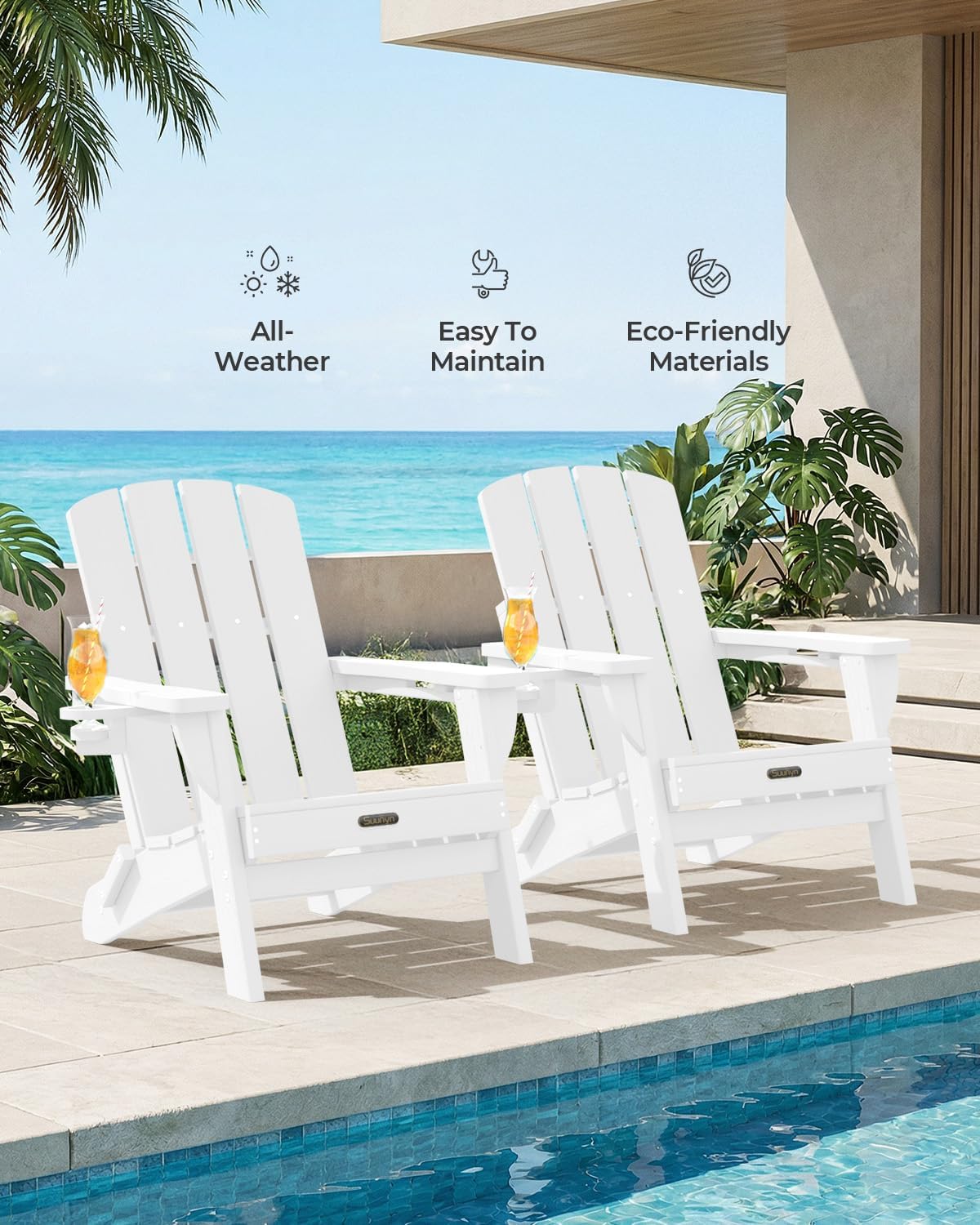 Detalle de SUUNYN Adirondack Chair, White Foldable HDPE with 2 Cup Holders
