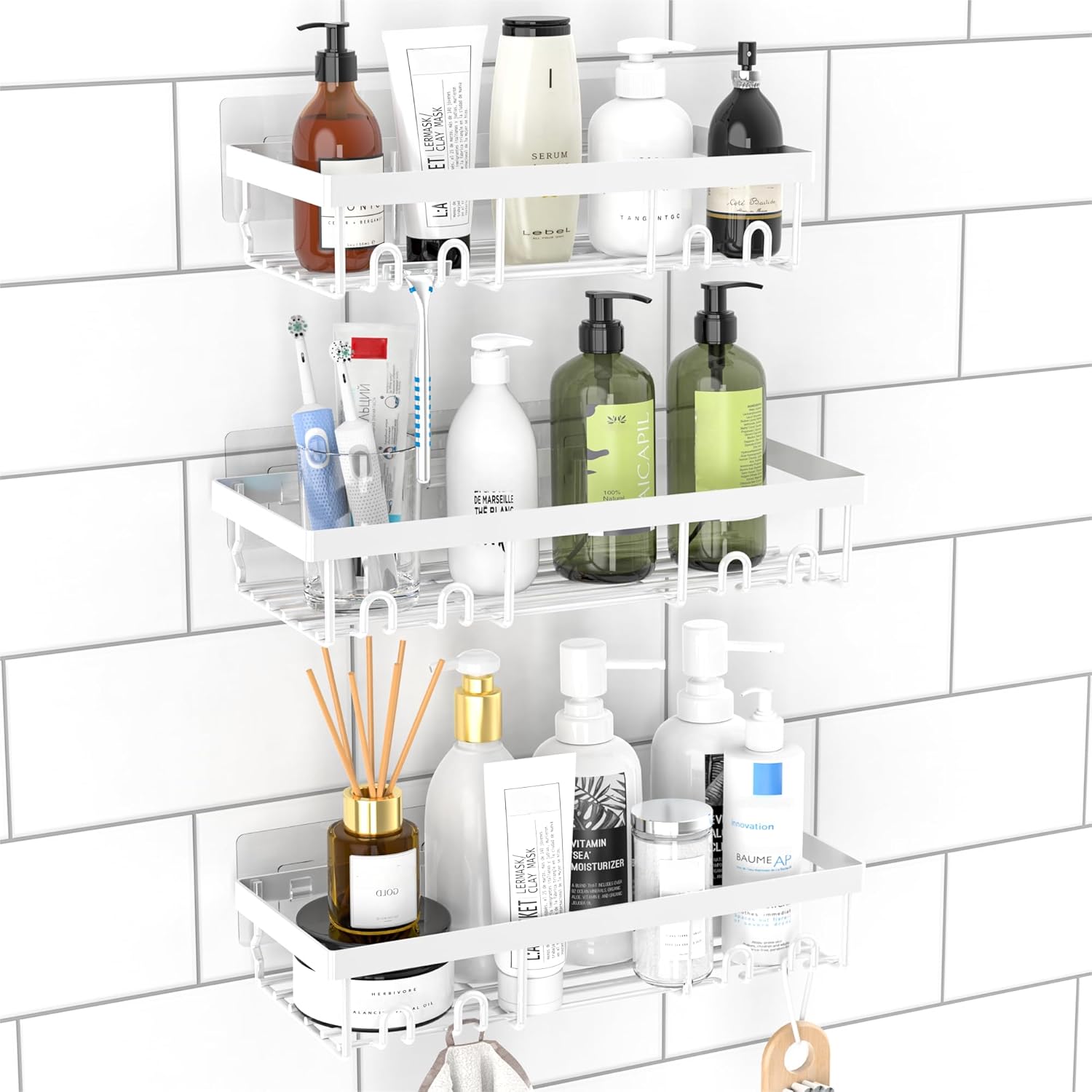 Detalle de DIFULI Shower Caddy Shelf 3 Pack – No-Drill White Bathroom Organiser Rack