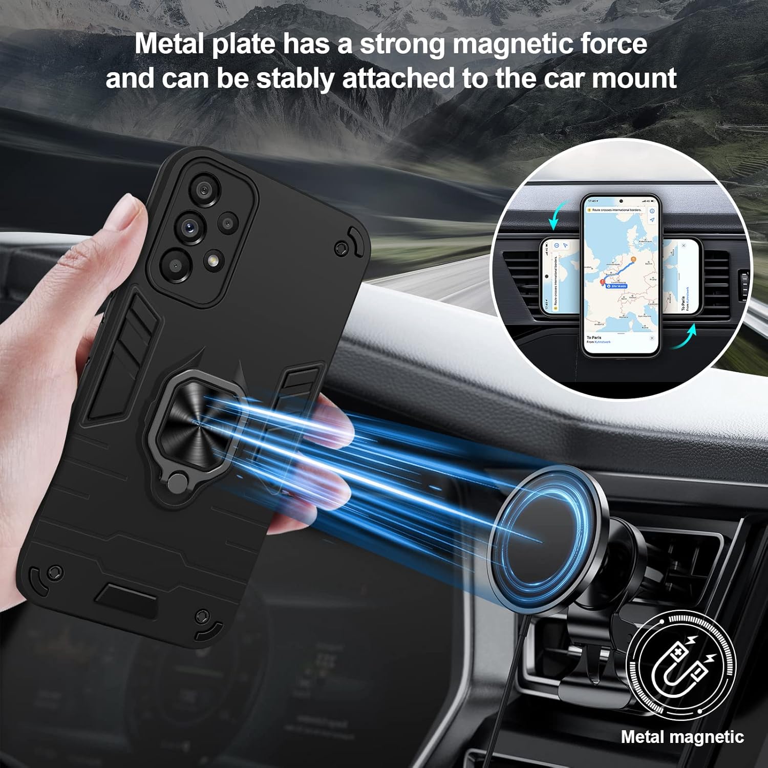 Thumbnail 2 de Btstring Case for Samsung Galaxy A53 5G with Tempered Glass Screen Protector, Shockproof Heavy Duty Cover & Car Mount Stand (Black)