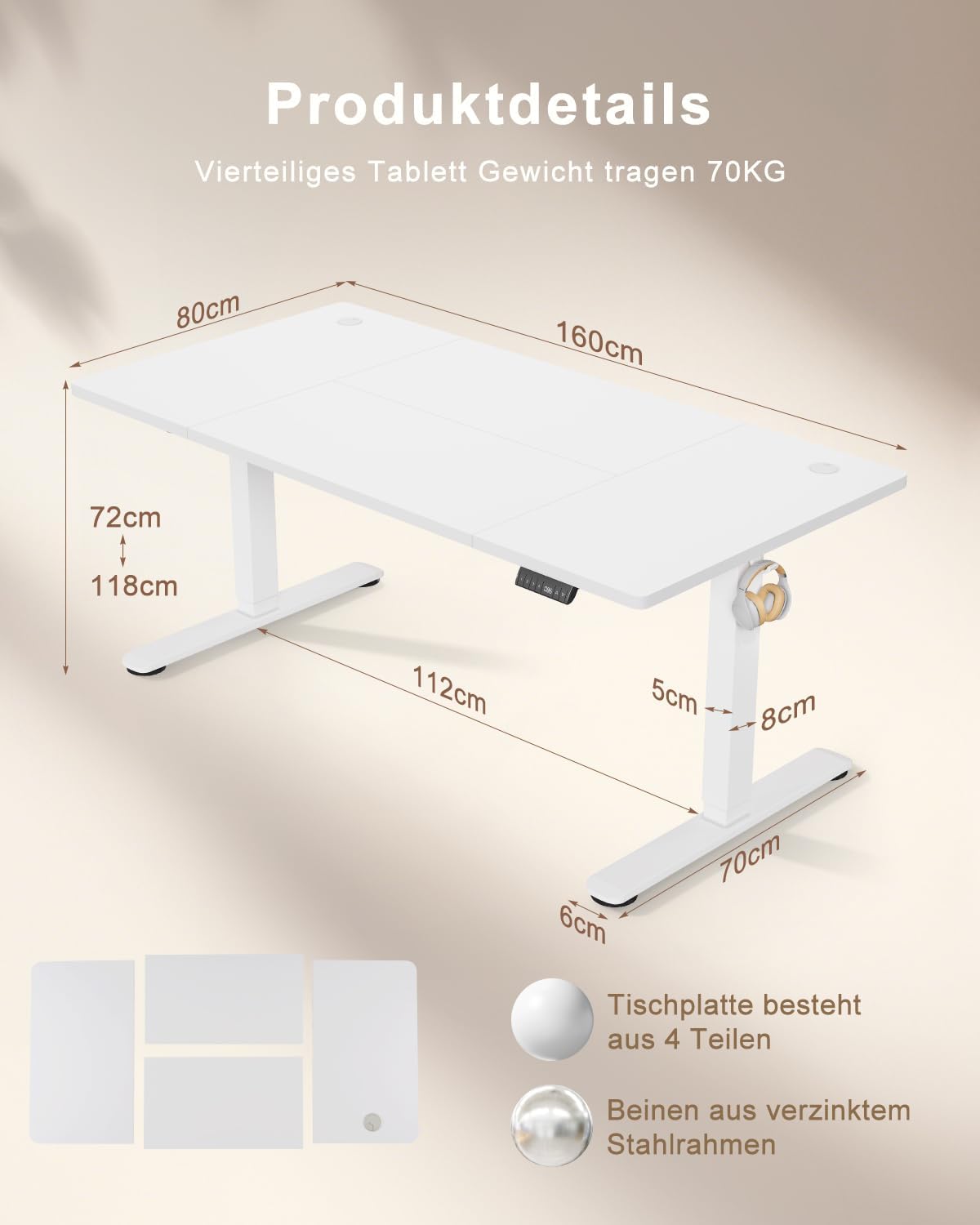 Detalle de TRIUMPHKEY Höhenverstellbarer Schreibtisch 160x80 cm mit USB Ladeanschluss – 3 Speicherplätze, Anti-Kollisions-System, weiß