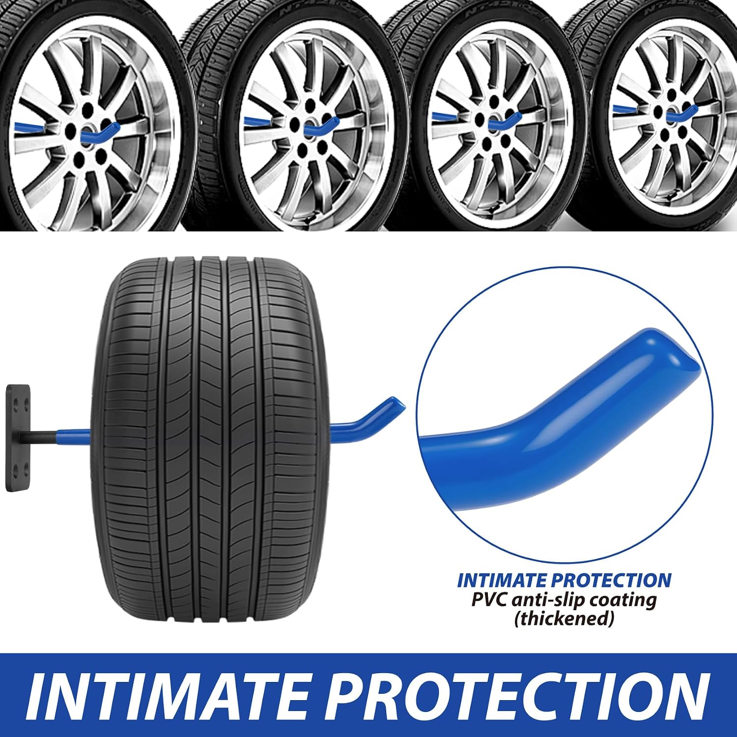 Detalle 2 de MHHO-WG Wall-Mounted Tire Rack, 4-Piece Blue Stainless Steel, 50 kg