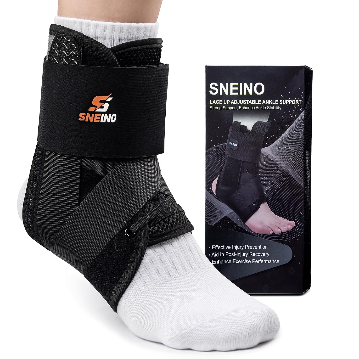 Detalle de SNEINO Ankle Brace, Medium Black Lace-Up Support with Adjustable Straps