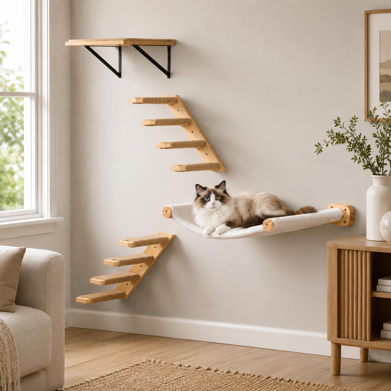 Detalle de Cat Hammock Wall Mounted Kitty Bed & Perch set with 2 steps and platforms (wooden cat wall furniture)