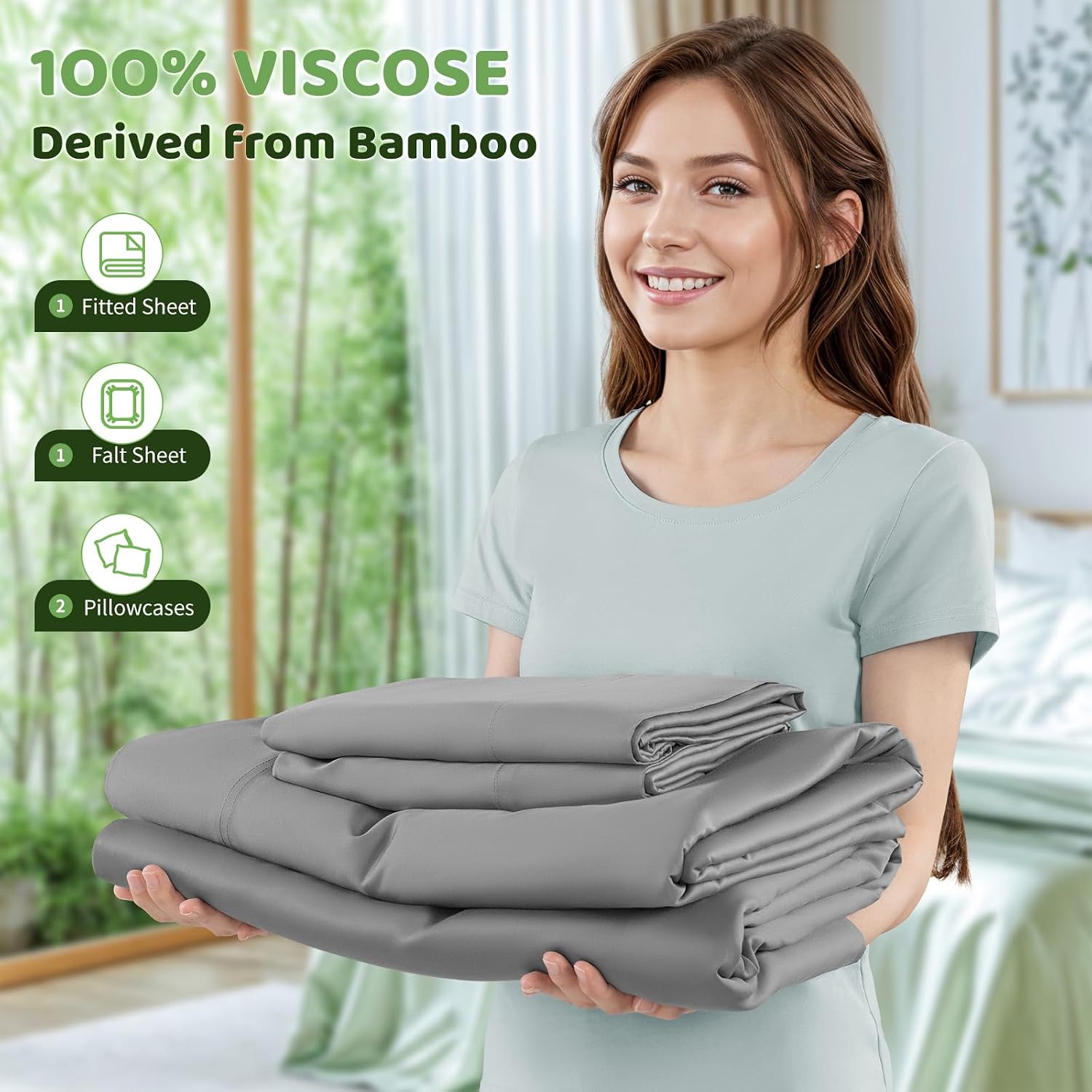 Detalle de LBRO2M King Rayon-Derived-from-Bamboo Sheet Set, Cooling Feel, 16-Inch Pockets