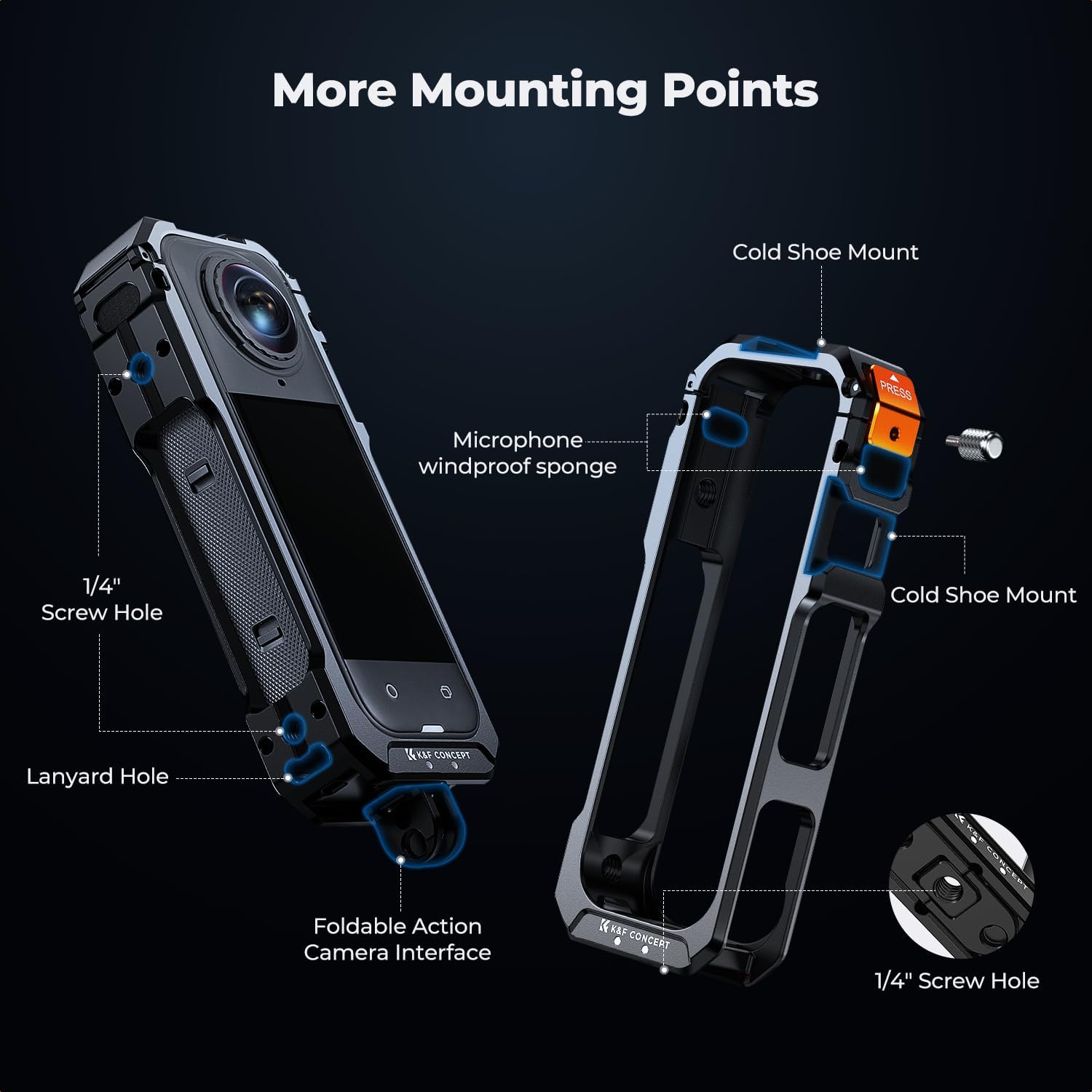 Thumbnail 1 de K&F CONCEPT Camera Cage for Insta360 X5 – Durable aluminium protective frame with quick release and cold shoe mounts
