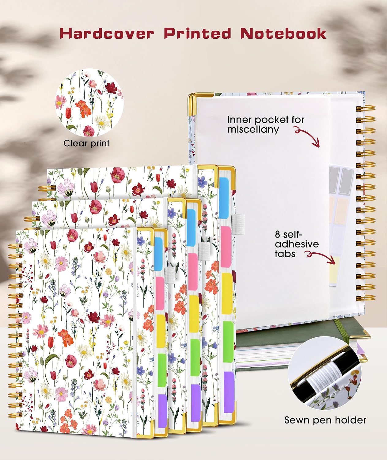 Detalle de dilitego A5 5-Subject Spiral Notebook, 300 Pages, College Ruled Floral Cover