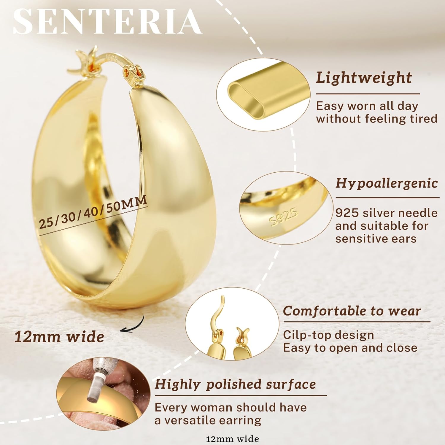 Detalle de Senteria 12mm Wide Thick Hoop Earrings (925 Sterling Silver, 14K Gold Plated) — Hypoallergenic Chunky Hoops