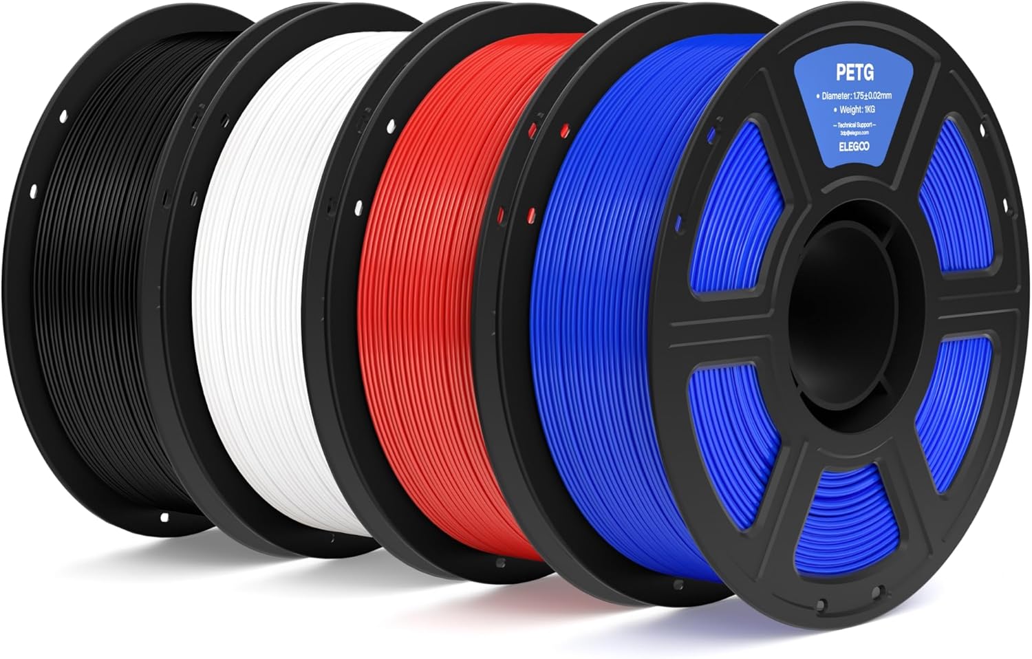 Detalle de ELEGOO PETG Filament 1,75 mm Schwarz/Weiß/Rot/Blau – 4 KG, Präzision +/-0,02 mm, 1-kg-Spulen