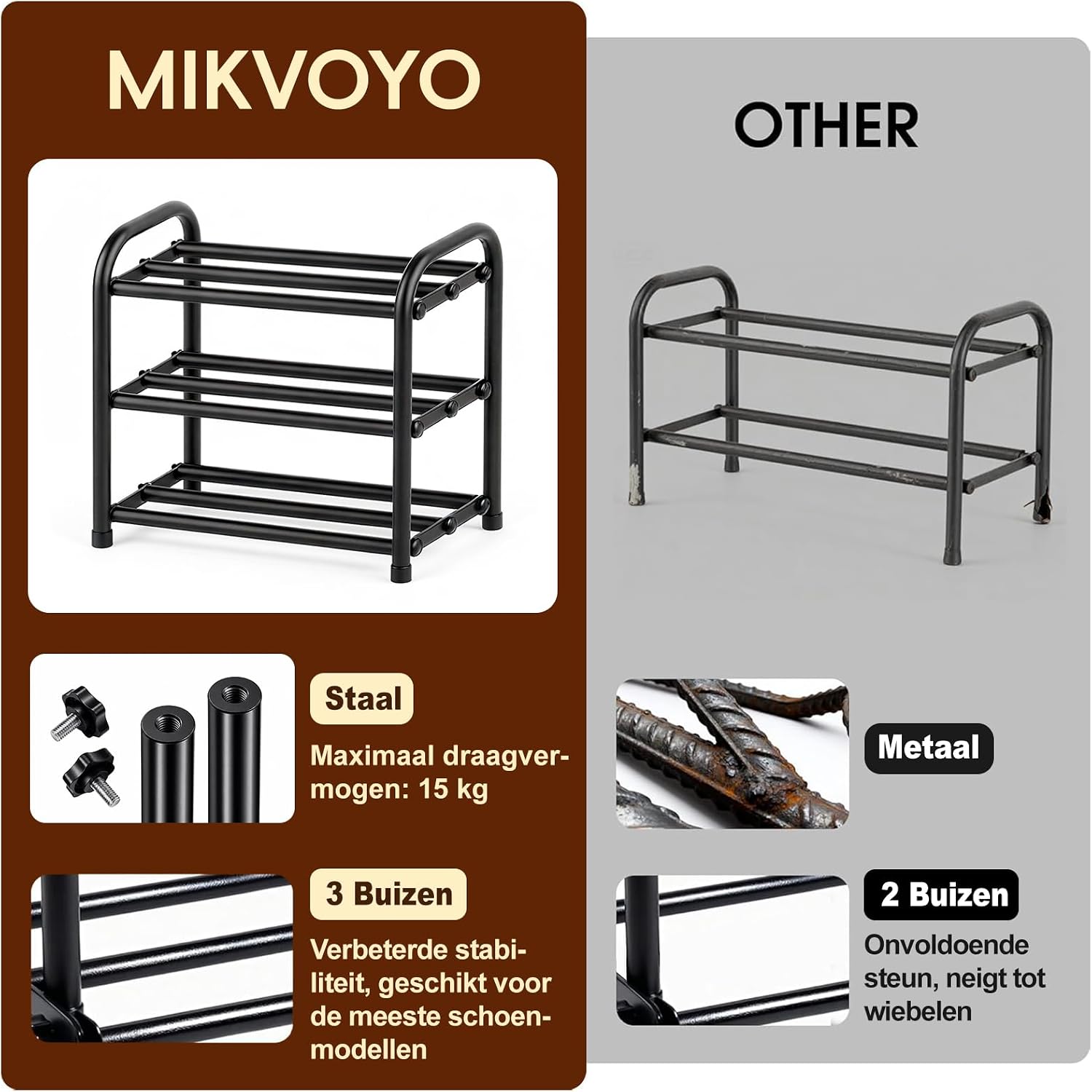 Detalle de MIKVOYO uitschuifbaar schoenenrek, 3 niveaus, zwart metaal, 45–80 cm