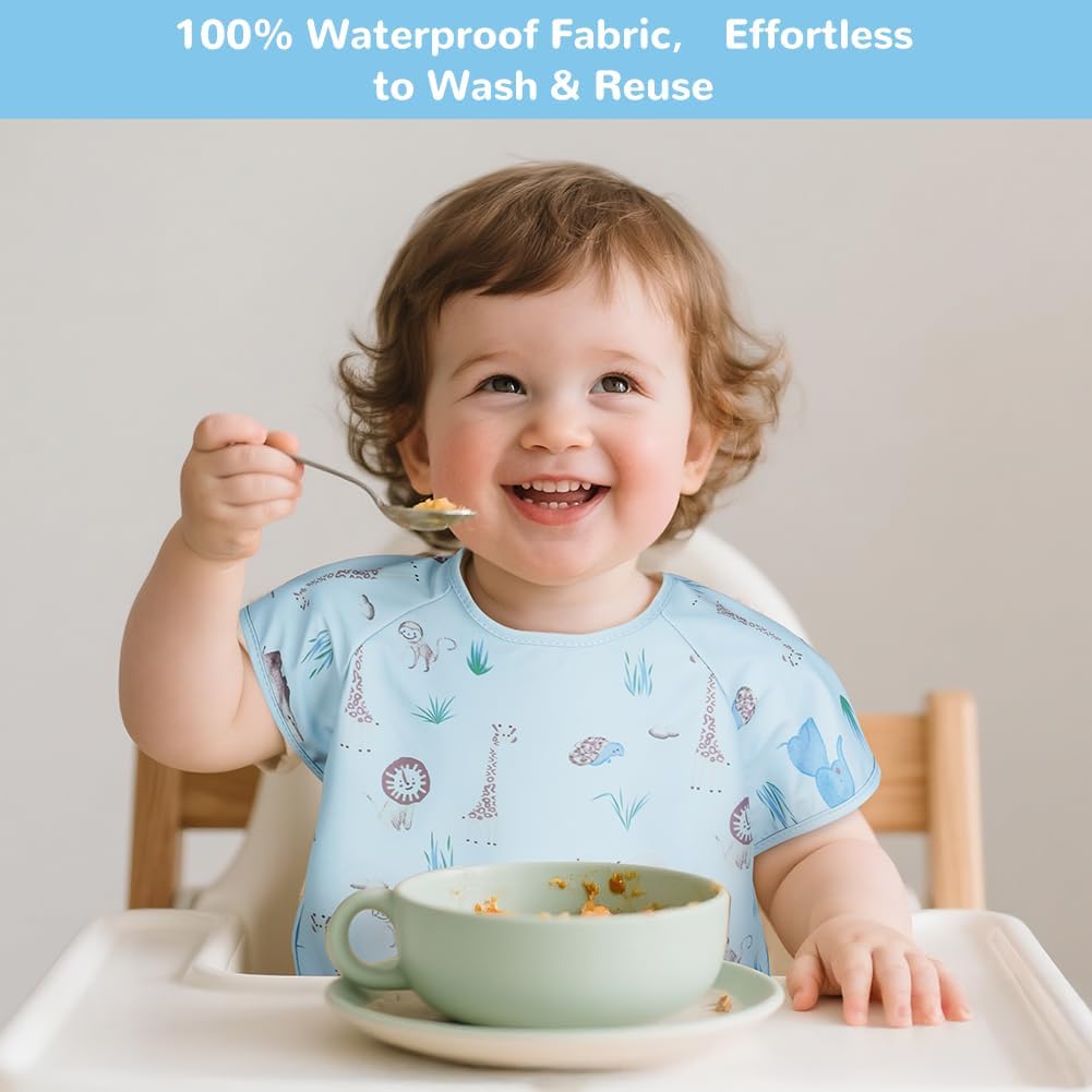 Thumbnail 4 de Vicloon Baby Bibs with Short Sleeves (Zoo) – Waterproof, Easy-Wipe Feeding Bib for 6–12 Months
