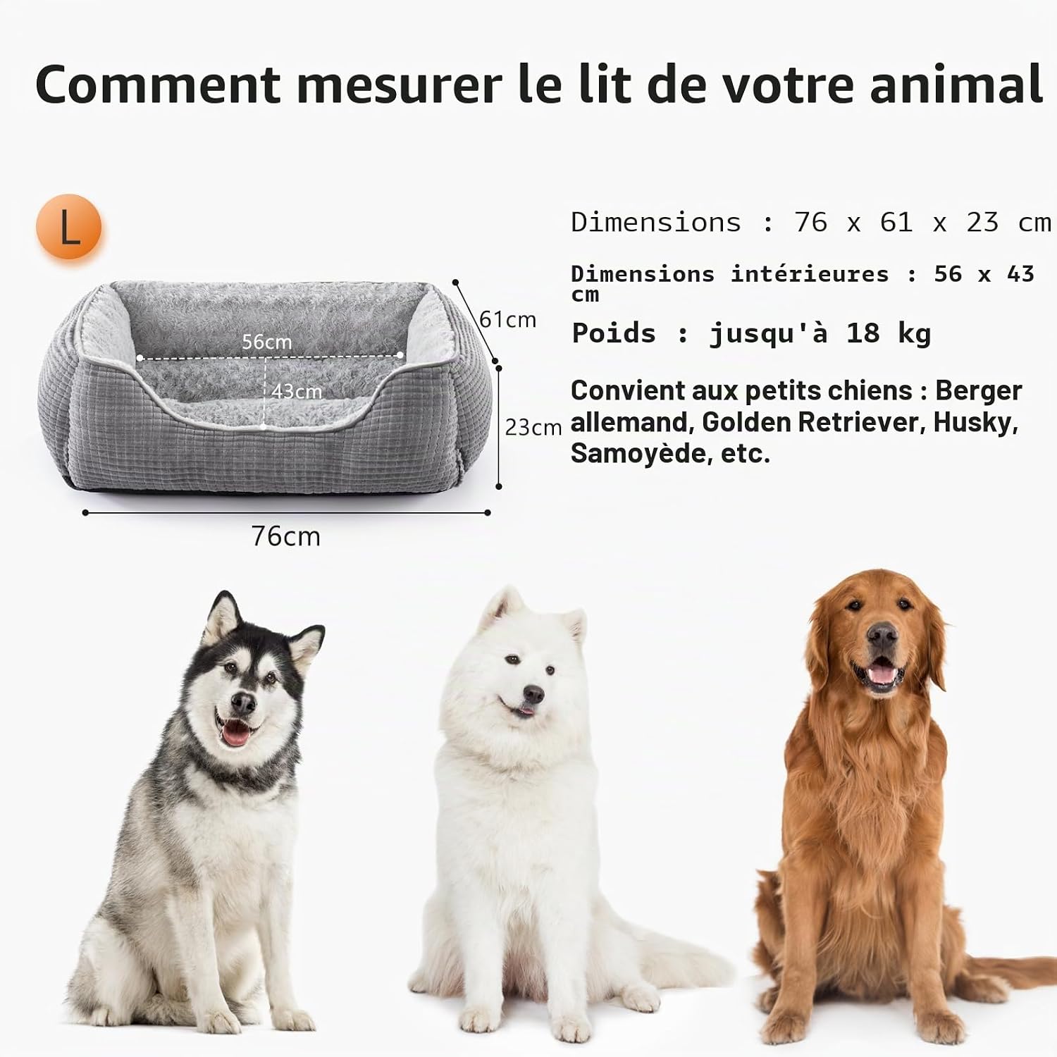 Detalle de JOEJOY Panier Chien Moyen – Lit pour chien doux et antidérapant, gris 76x61x23 cm