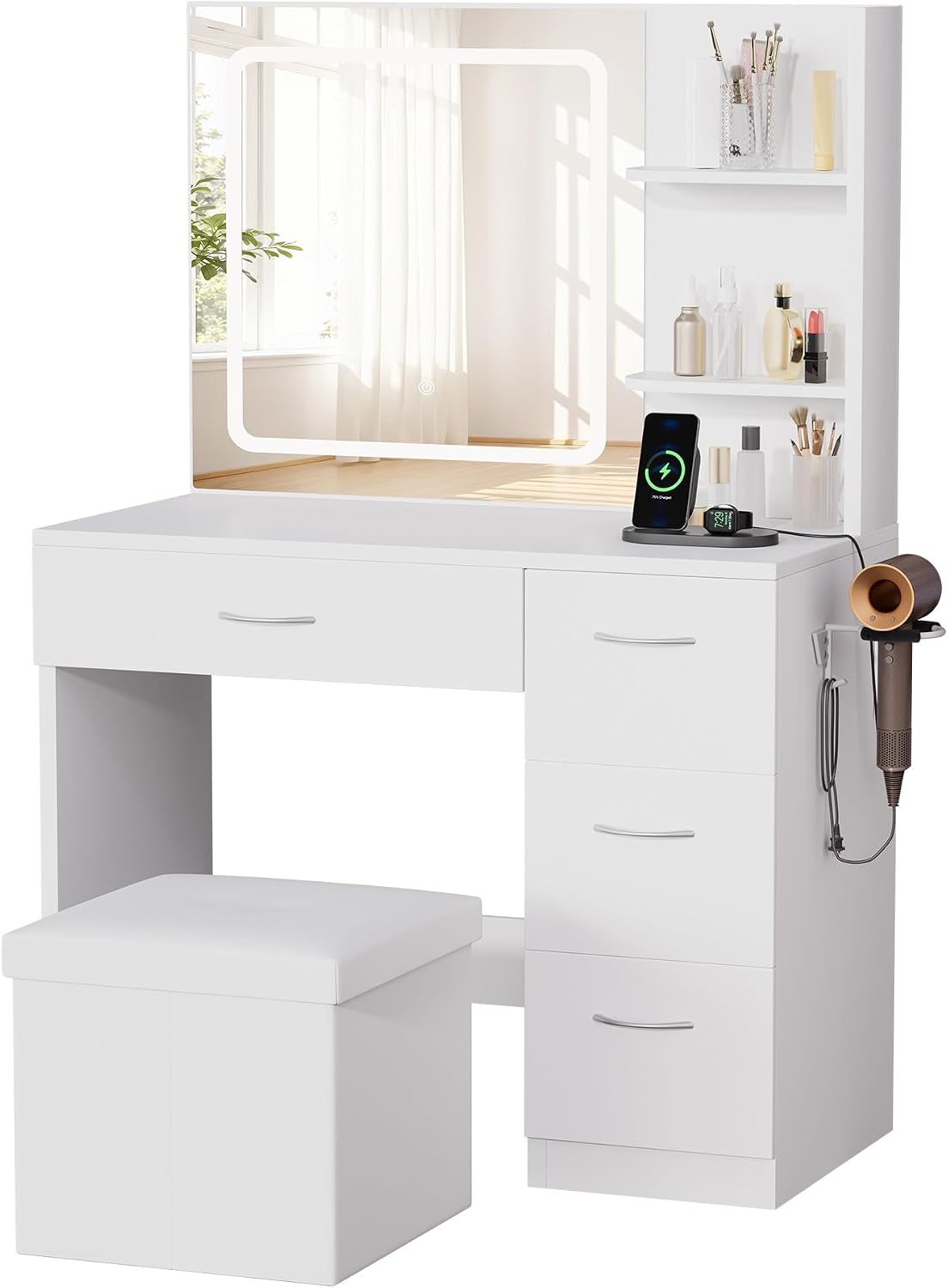 Detalle 2 de LIVELYGLOW E124-028 White Makeup Vanity Desk with LED Mirror and 4 Drawers