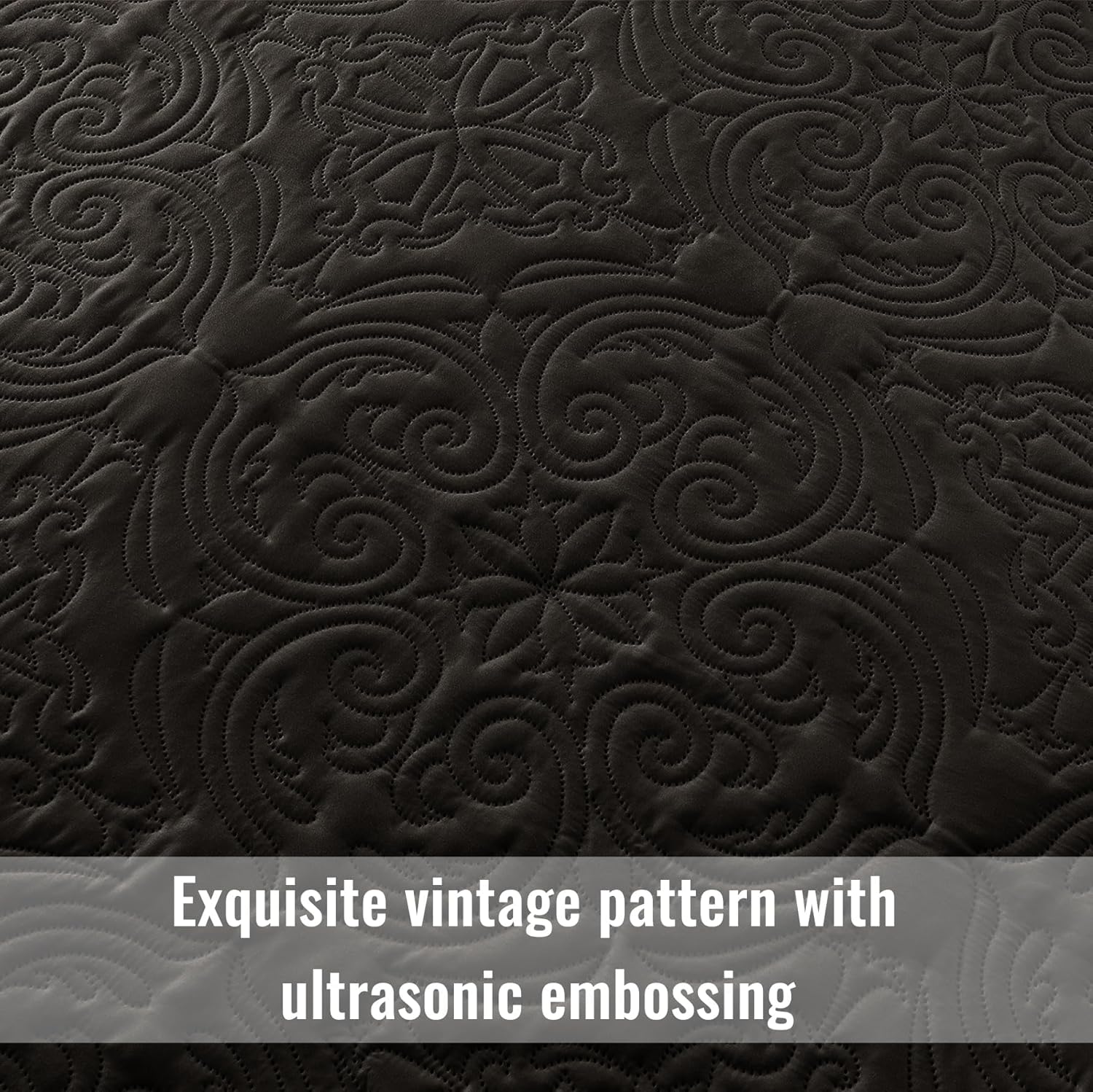 Detalle 2 de Exclusivo Mezcla QS-YP-CBK California King Quilt Set, Black Damask Microfiber