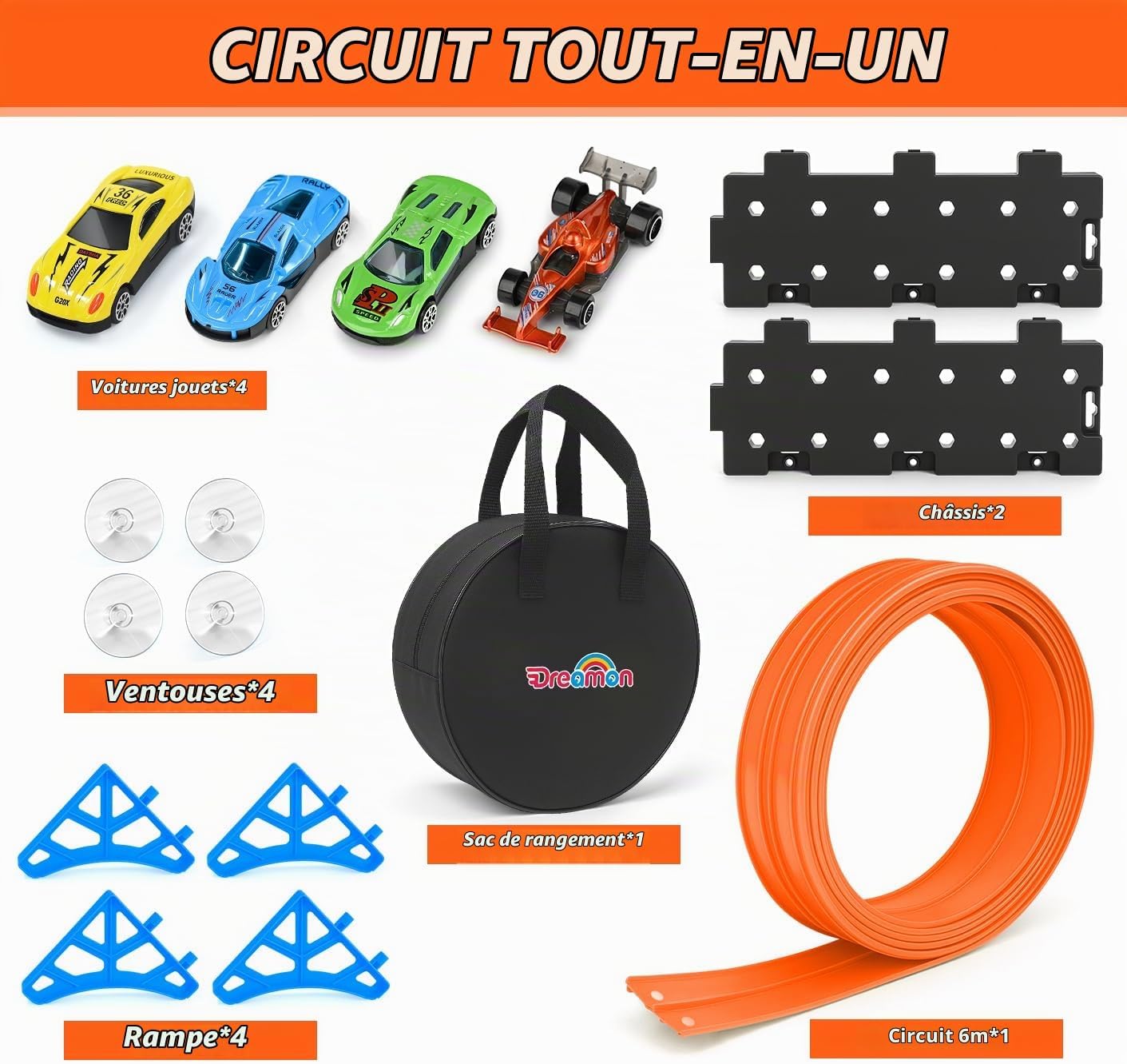 Thumbnail 1 de Dreamon 088-11-6m-orange flexibele racebaan van 6 m met 4 auto's