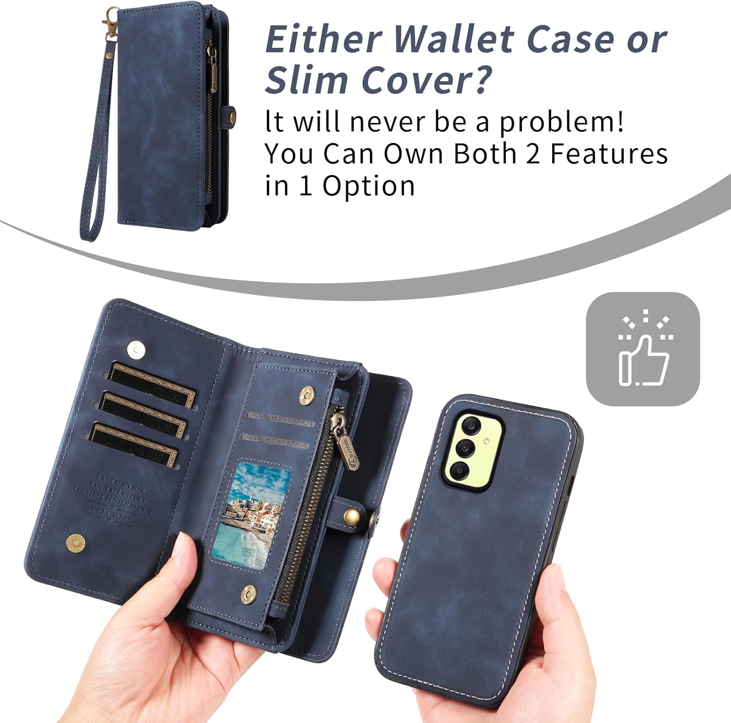 Thumbnail 4 de Asuwish Wallet Case with Detachable Straps and Tempered Glass for Samsung Galaxy A25 5G (A25/A24/M34/F34) – Blue