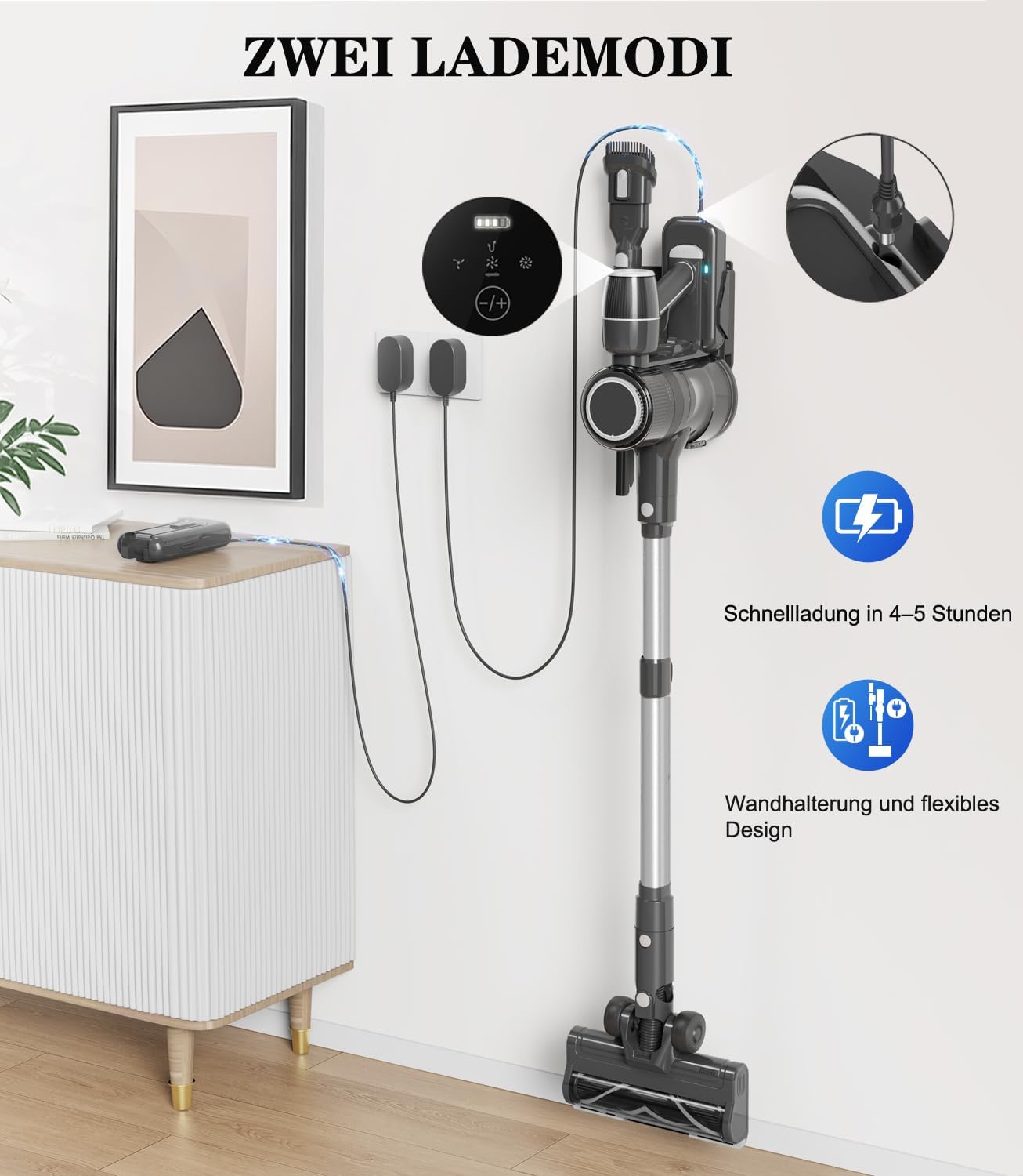 Detalle de Syntecno Akku Staubsauger Kabellos – Kabelloser Stabstaubsauger mit LED, 65‑Minuten Laufzeit und 3 Saugmodi