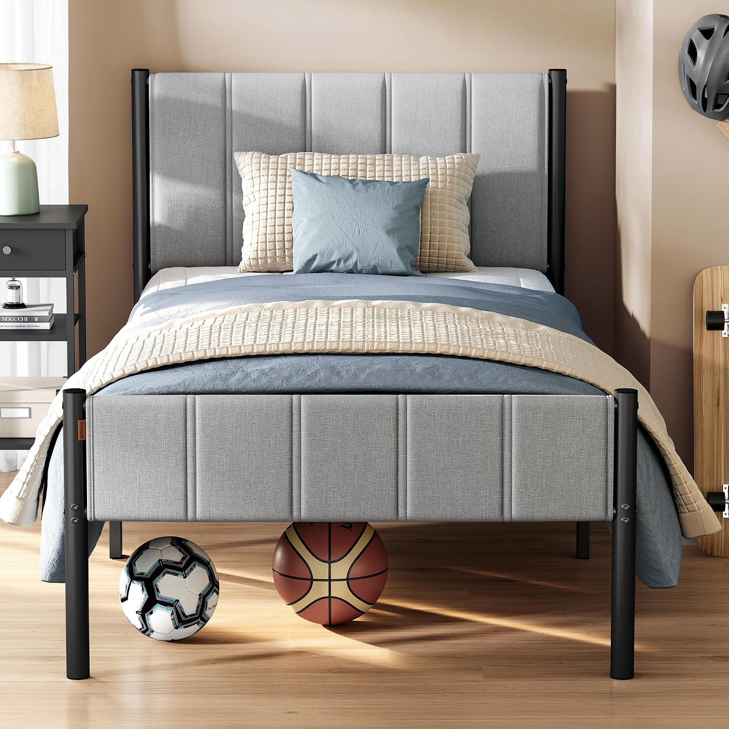 Thumbnail 1 de VASAGLE URMB983G01V1 Twin Bed Frame with Upholstered Headboard, Steel Slats