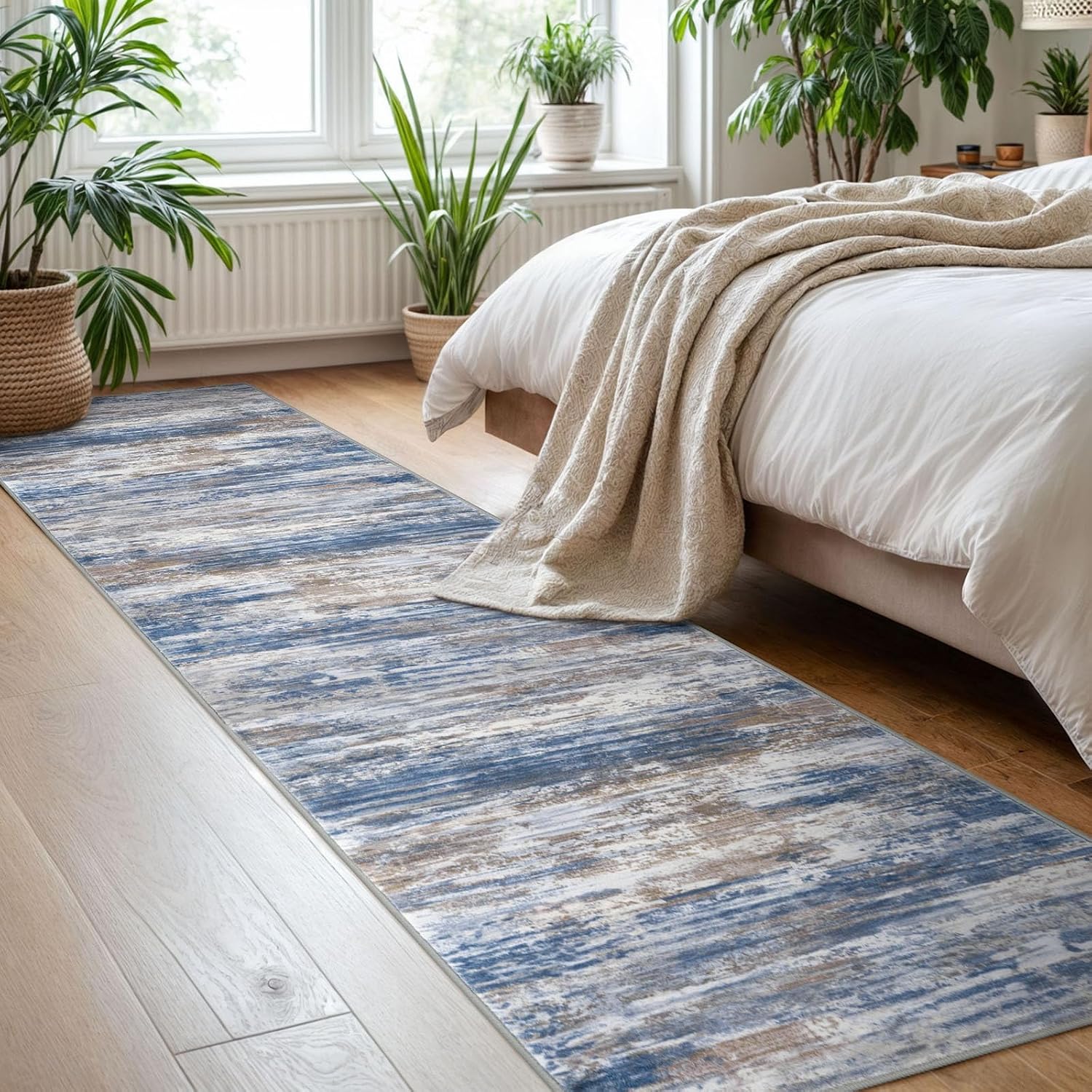 Thumbnail 6 de KOZYFLY Modern Abstract Hallway Runner Rug, 2x8 — Non-Slip, Washable, Blue-Rust-White Abstract Stripe