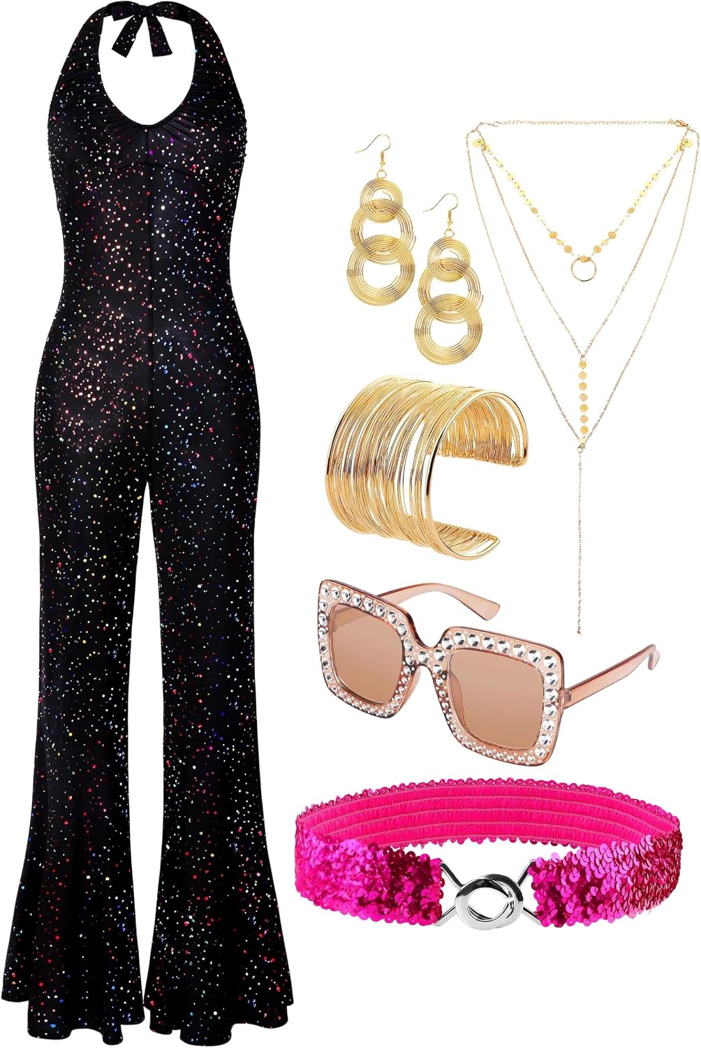 SOMSOC 70s Disco Jumpsuit Costume Set with Sequin Flared Legs and Accessories