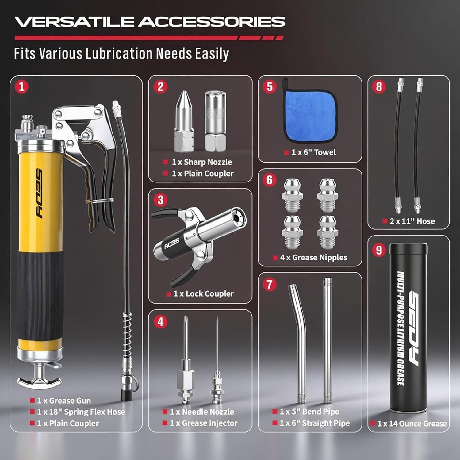 Detalle 2 de 17-Piece Heavy Duty Grease Gun Kit 8000 PSI
