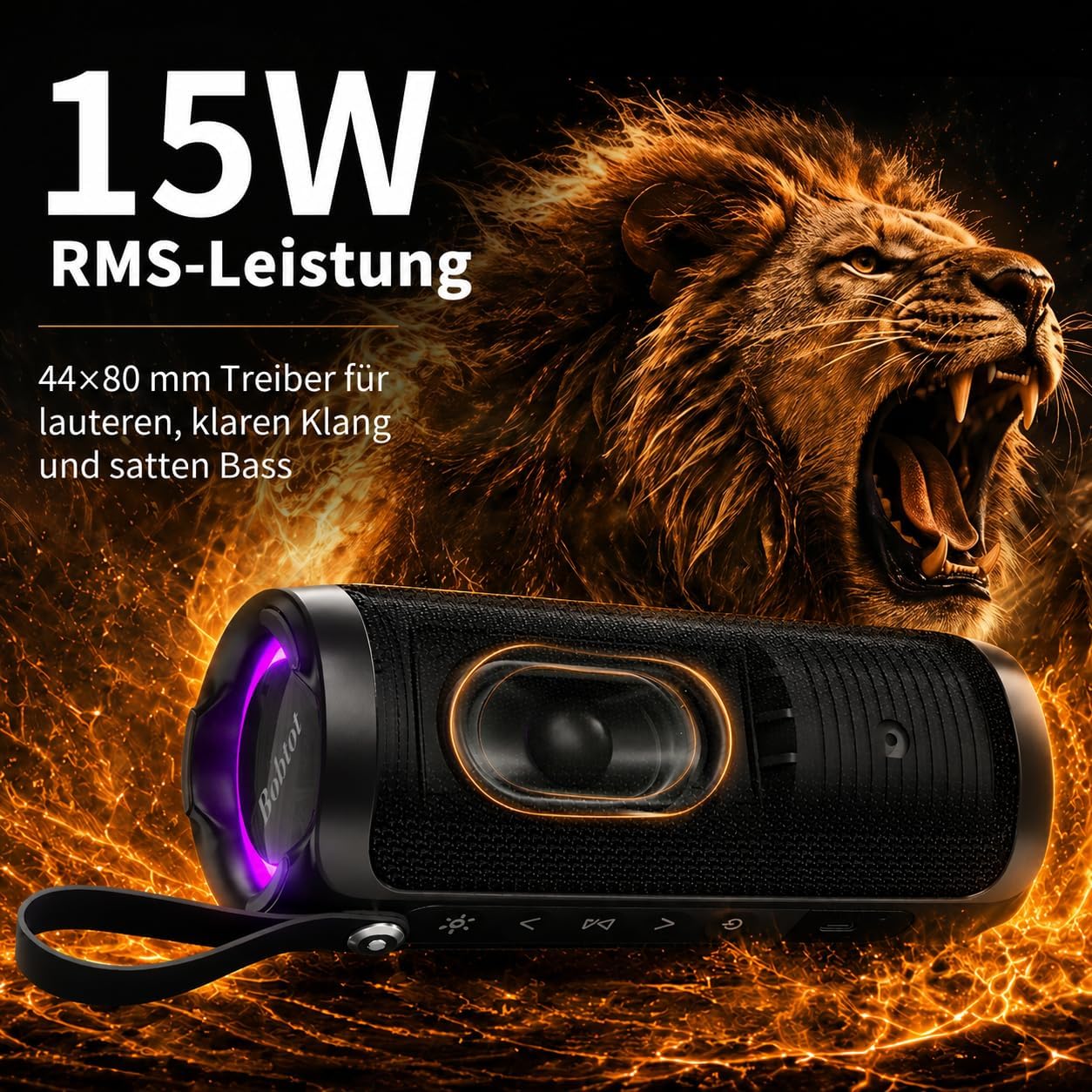 Detalle de Bobtot Tragbarer Bluetooth-Lautsprecher – 15 W RMS, IPX6, 15 Std Akku, RGB, TWS